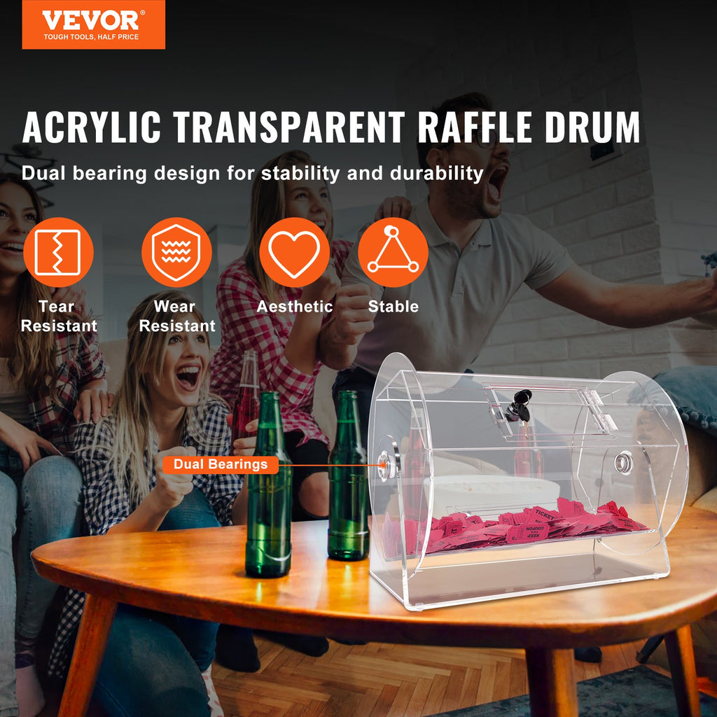 VEVOR Acrylic Raffle Drum, Holds 5000 Tickets or 200 Raffle Balls, Professional Raffle Ticket Spinning Cage with 2 Keys, Transparent Lottery Spinning Drawing, Raffle Ticket Box for Lottery Games Bingo
