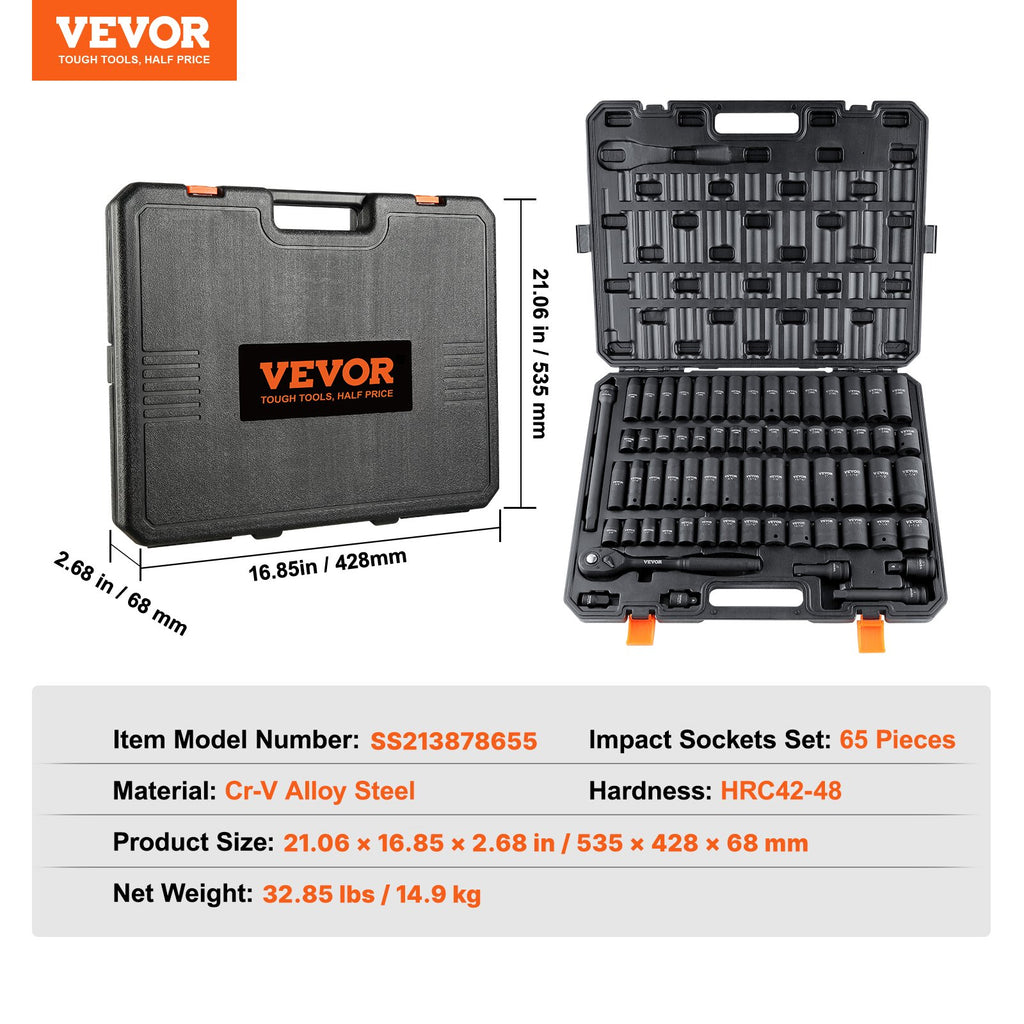 VEVOR 1/2" Drive Impact Socket Set, 65 Piece Socket Set SAE 3/8" to 1-1/4" and Metric 10-24mm, 6 Point Cr-V Alloy Steel for Auto Repair, Rugged Construction, Easy-to-Read Size Markings, Storage Case