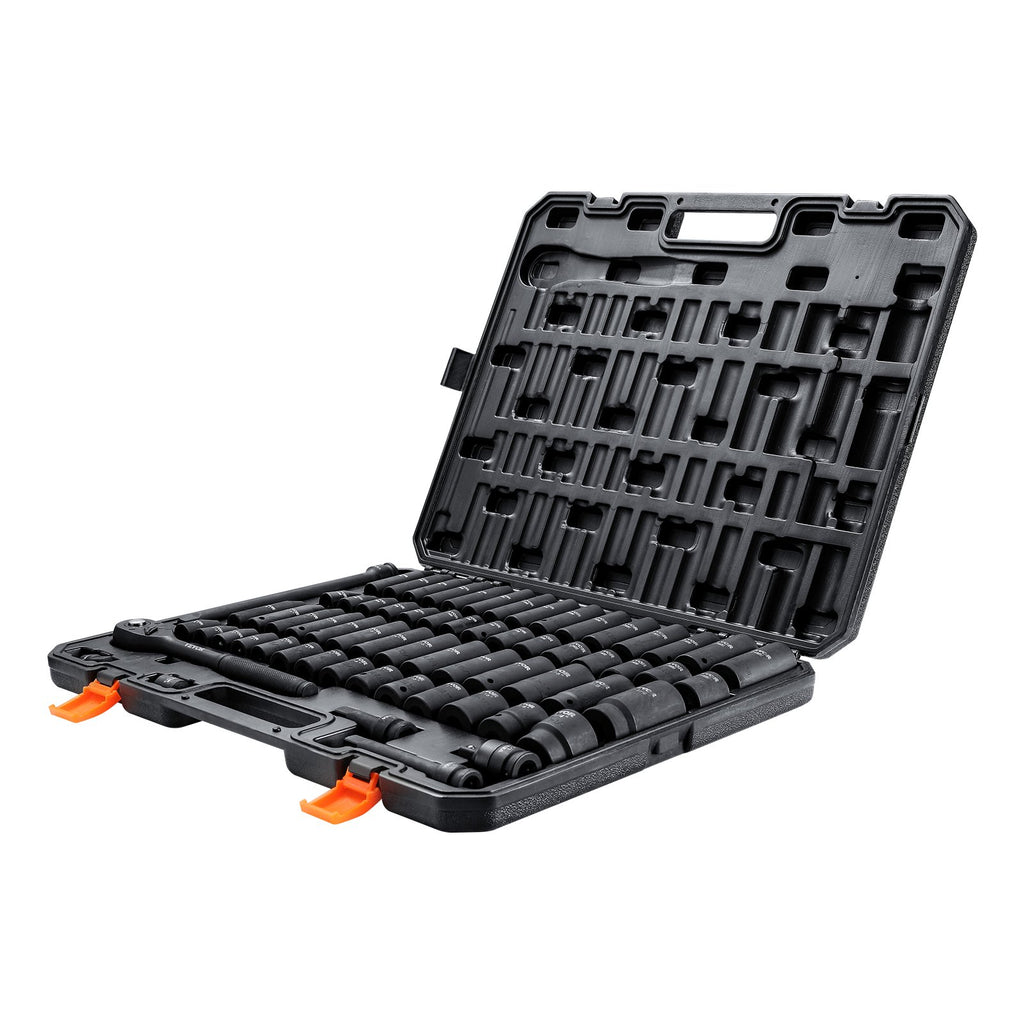 VEVOR 1/2" Drive Impact Socket Set, 65 Piece Socket Set SAE 3/8" to 1-1/4" and Metric 10-24mm, 6 Point Cr-V Alloy Steel for Auto Repair, Rugged Construction, Easy-to-Read Size Markings, Storage Case