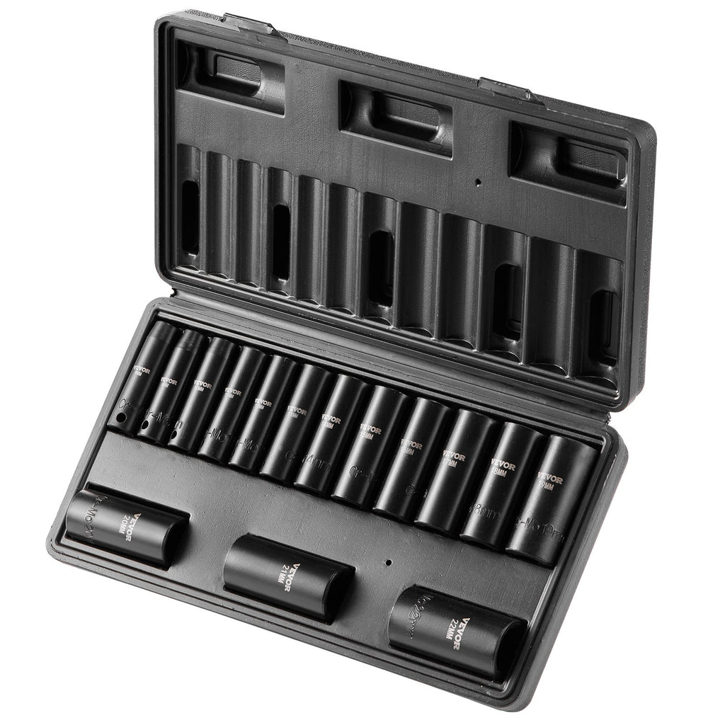 VEVOR 3/8" Drive Impact Socket Set, 15 Piece Deep Socket Set Metric 8-22mm, 6 Point Cr-Mo Alloy Steel for Auto Repair, Easy-to-Read Size Markings, Rugged Construction, Includes Storage Case