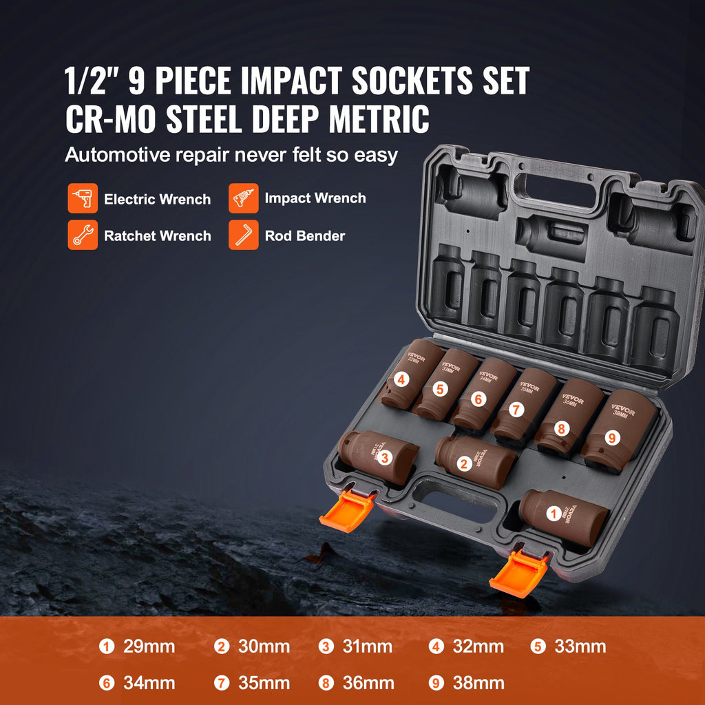 VEVOR Impact Sockets Set 9pcs 6-Point 1/2in Metric Drive Bit Ratchet Tool Kit