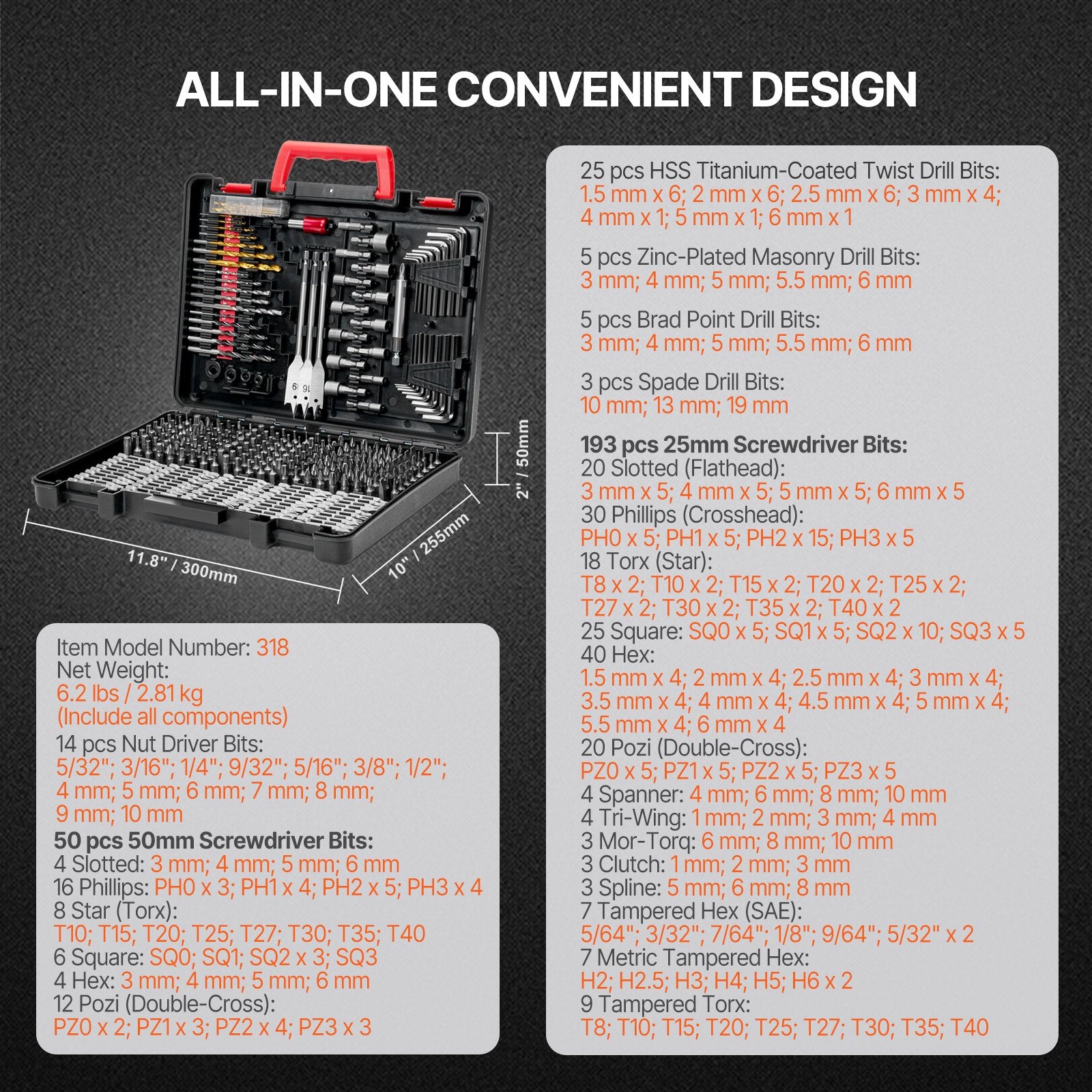 VEVOR Drill Bit Set, 318 Pieces Drill and Driver Bit Set, Screwdriver Bit Set Suitable for Wood Metal Cement Drilling and Screw Driving, Drill Bit Sets Combo Kit Assorted in Organized Carrying Case