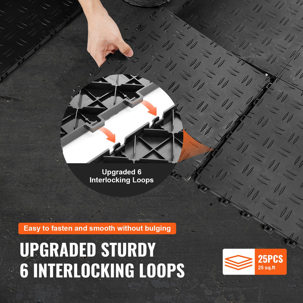 VEVOR Garage Tiles Interlocking, 12 x 12 x 0.53 inch 25 Pack Garage Floor Covering Tiles, Non-Slip Double-Sided Texture Garage Flooring Tiles, for Garages, Basements, Repair Shops, Black