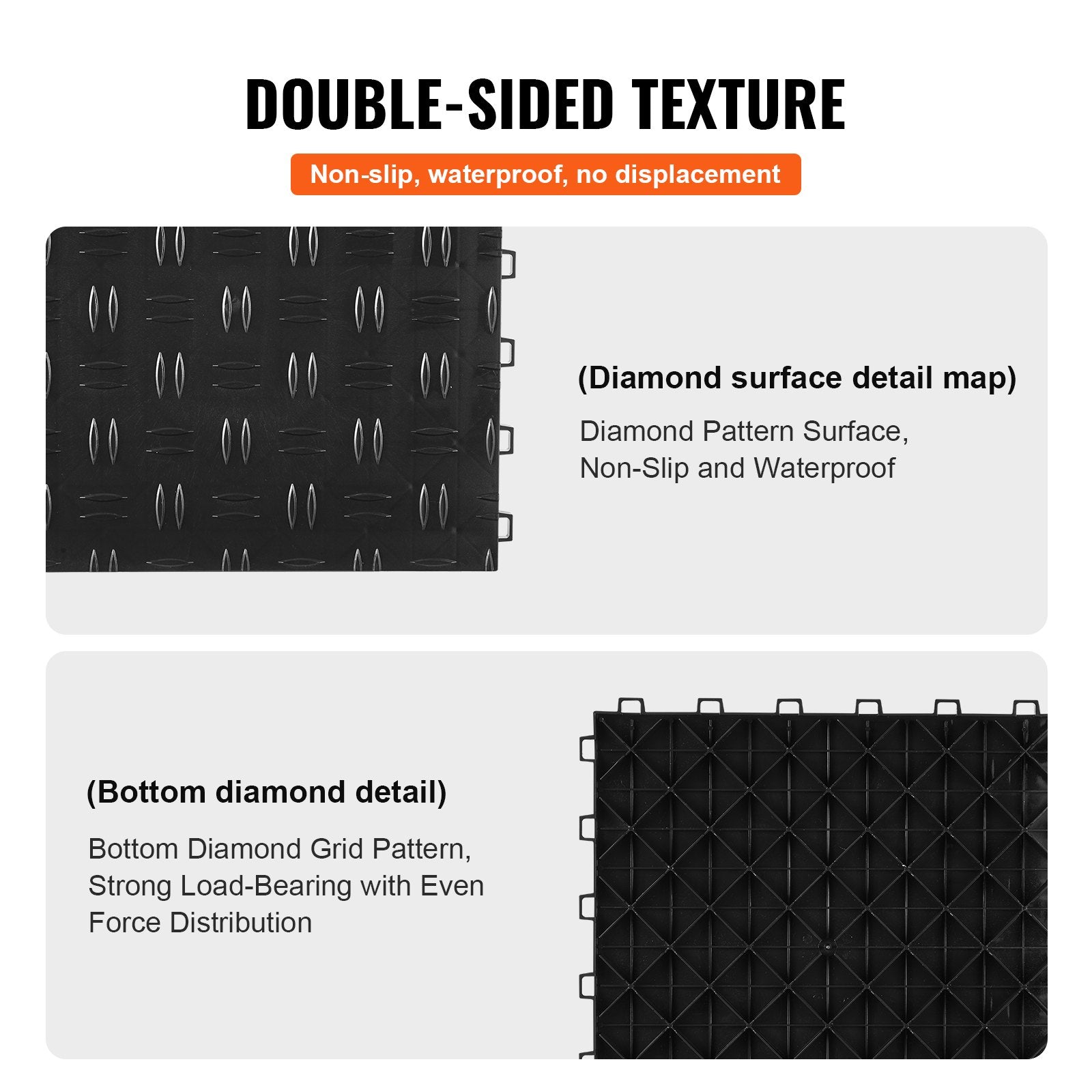 VEVOR Garage Tiles Interlocking, 12 x 12 x 0.53 inch 50 Pack Garage Floor Covering Tiles, Non-Slip Double-Sided Texture Garage Flooring Tiles, for Garages, Basements, Repair Shops, Black
