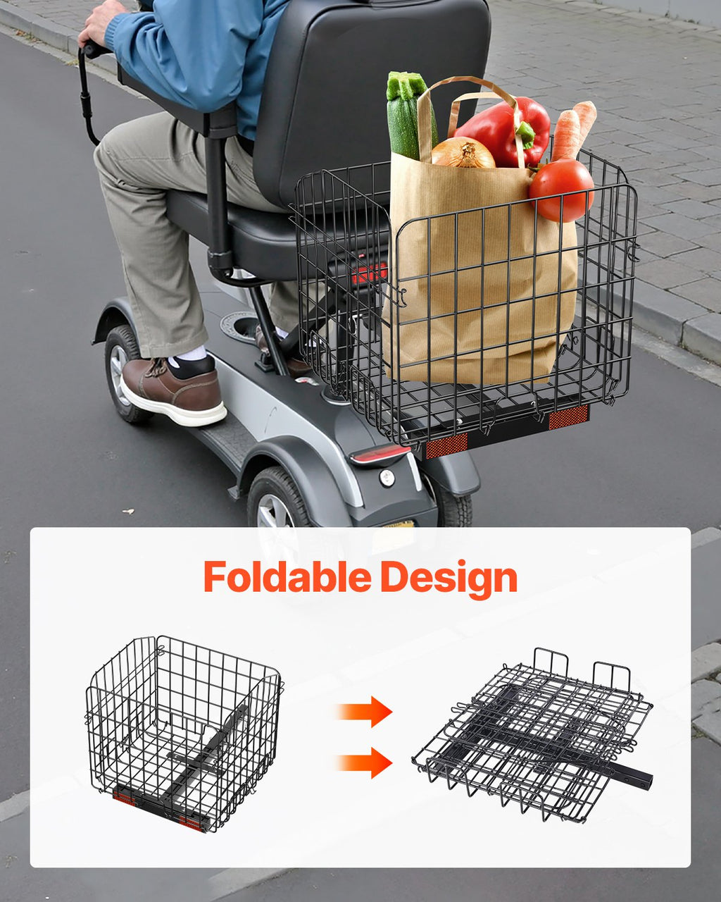 VEVOR Scooter Rear Basket, Folding Metal Wire Basket, Heavy Duty & Spacious Cargo Basket, Works with 1-inch Receiver, Compatible with Most Golden, Drive & Pride Mobility Scooter