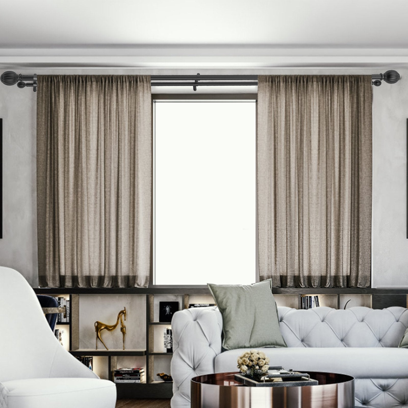 VEVOR Double Rod Curtain Rods, 36-72 inches(3-6ft) Adjustable Length, Black Double Curtain Rods with Round Finials, 1" and 3/4" Diameter, Double Window Drapery Rod for Sheer and Blackout Curtains