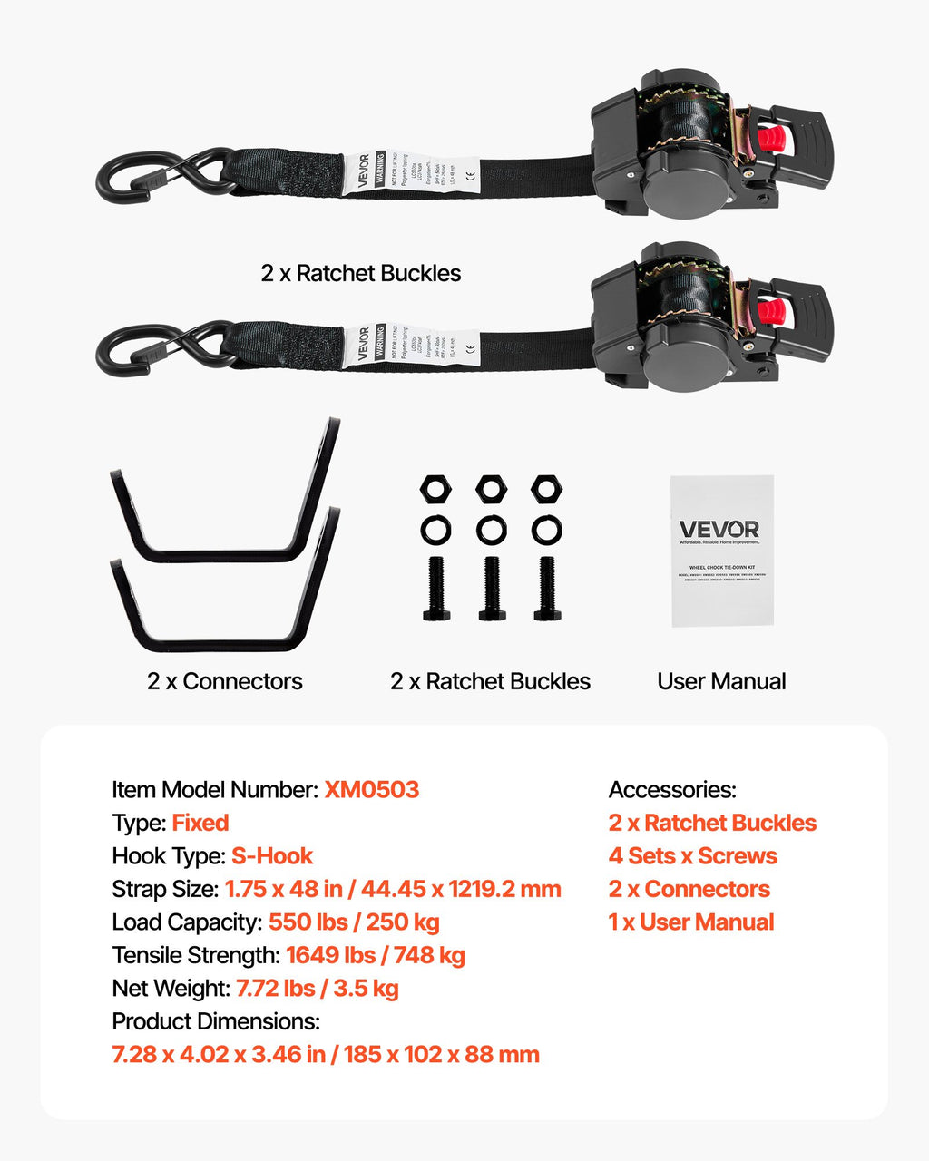 VEVOR Wheel Chock Tie-Down Kit, Fixed Trailer Tie Down Strap, Car Tie Down Kit with S-Hook, Break Strength 748 kg & Working Load 250 kg Motorcycle Tie-Down System for Trailers, Boats, Snowmobiles