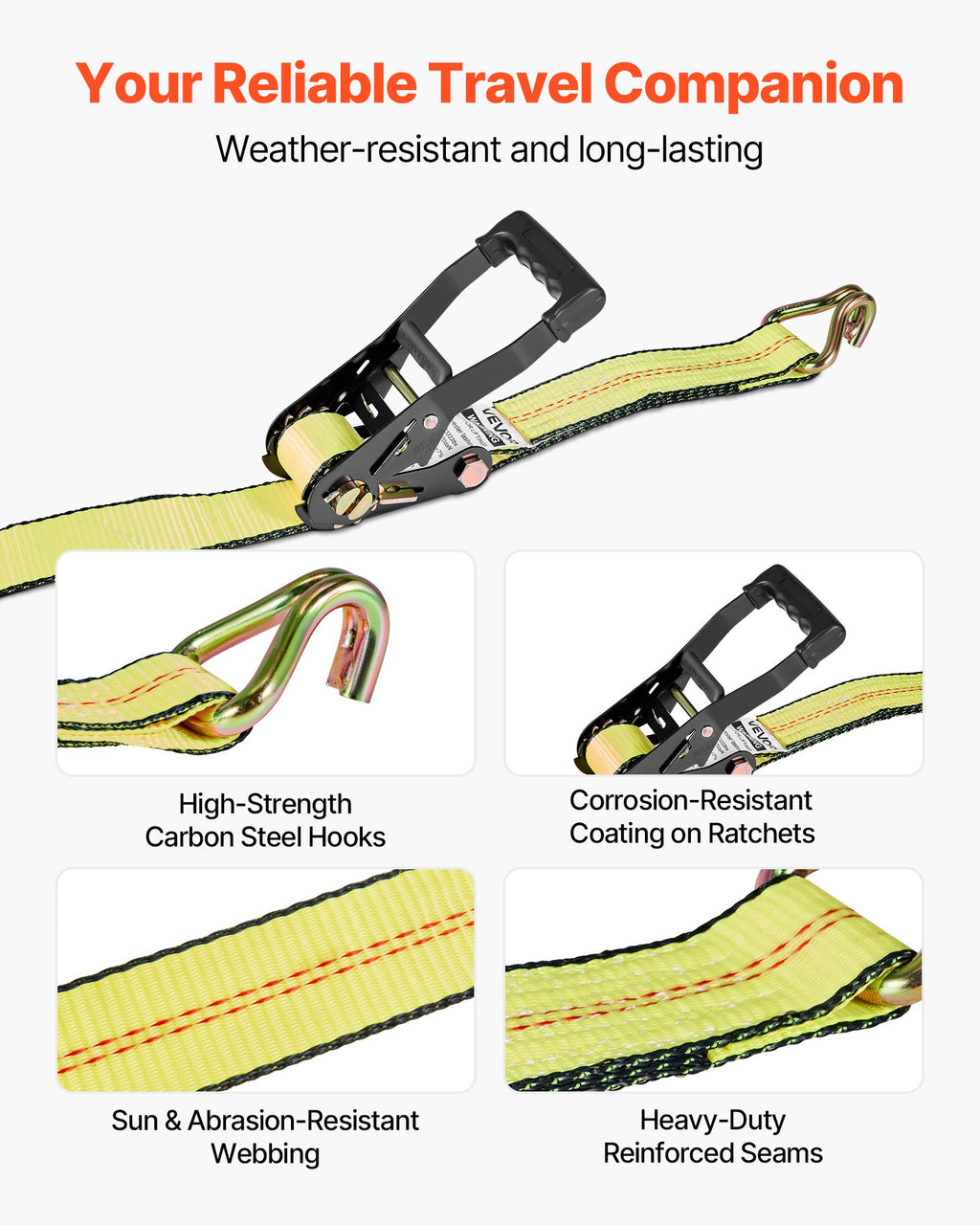 VEVOR Wheel Chock Tie-Down Kit, Deck-Style Trailer Tie Down Strap, Car Tie Down Kit with J-Hook, Break Strength 4540 kg & Working Load 1512 kg Motorcycle Tie-Down System for SUVs, Trailers, Trucks
