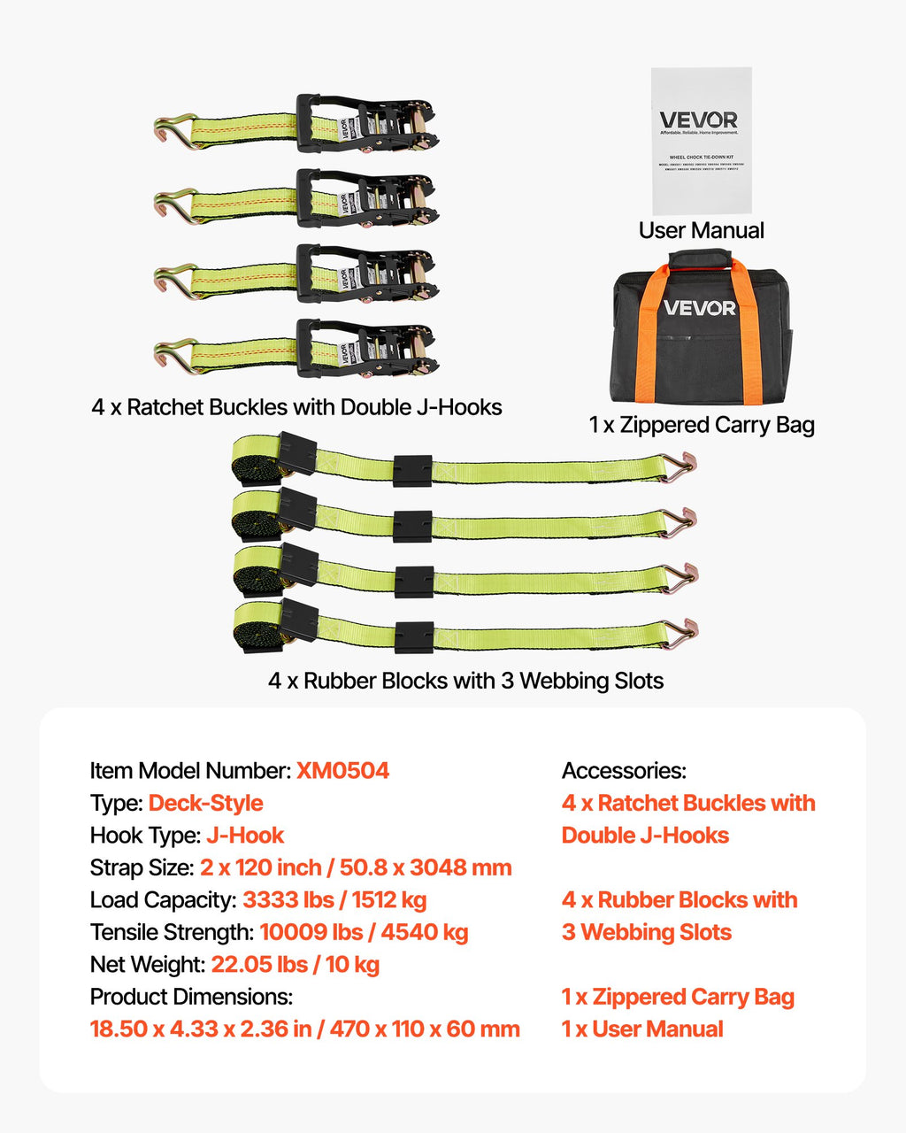 VEVOR Wheel Chock Tie-Down Kit, Deck-Style Trailer Tie Down Strap, Car Tie Down Kit with J-Hook, Break Strength 4540 kg & Working Load 1512 kg Motorcycle Tie-Down System for SUVs, Trailers, Trucks