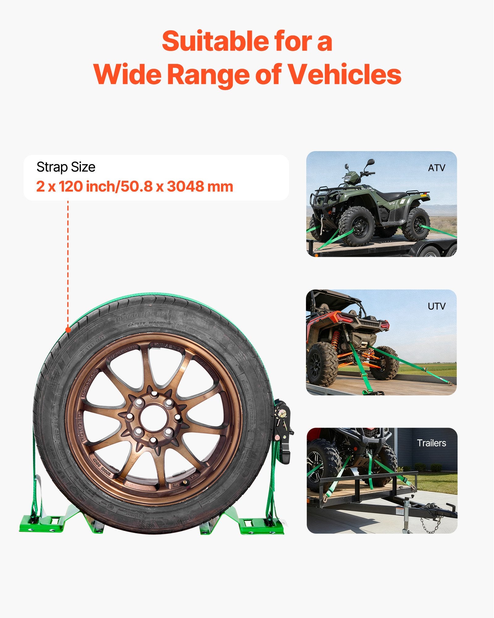 VEVOR Wheel Chock Tie-Down Kit, Chock-Style Trailer Tie Down Strap, Car Tie Down Kit with Buckle, Break Strength 1986.73 kg & Working Load 662 kg Motorcycle Tie-Down System E-Hooks for ATVs, UTVs