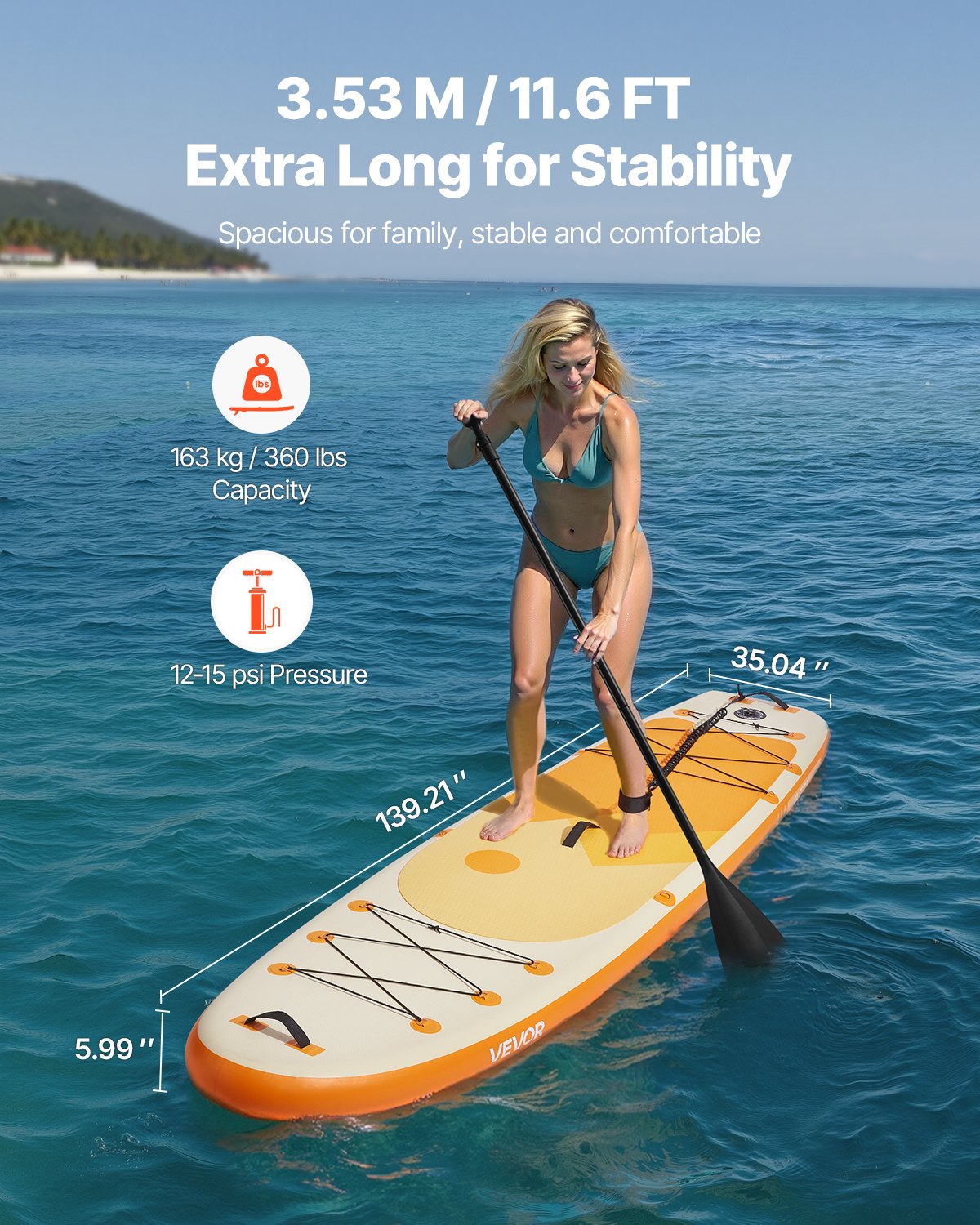 VEVOR Inflatable Stand Up Paddle Board, 3.53m x 89cm x 15cm Wide Ultra-Light SUP Paddleboard, All Accessories Included, Pump, Paddle, Fin, Backpack, Ankle Leash, Strap, Non-slip Deck for Youth, Adults