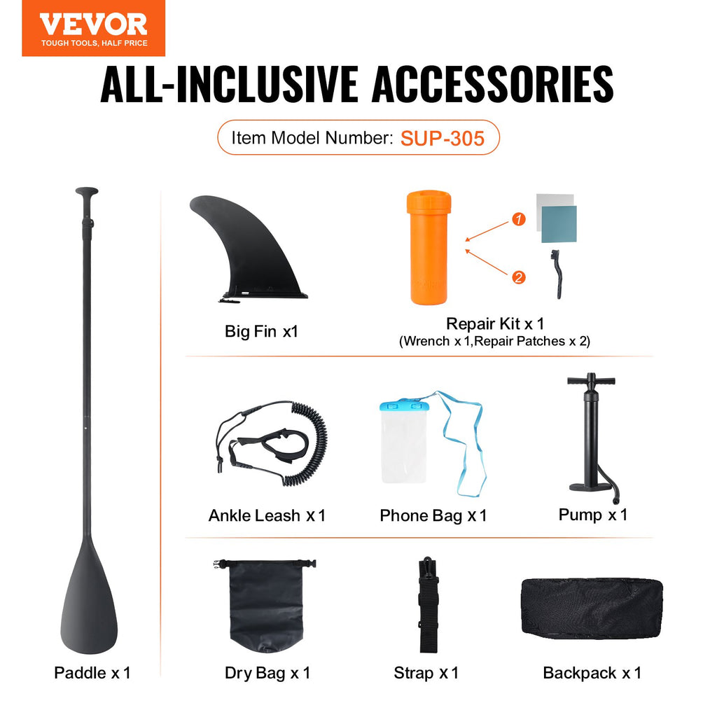 VEVOR Inflatable Stand Up Paddle Board, 152 mm Wide SUP Paddleboard, with Board Accessories, Pump, Paddle, Fin, Phone Bag, Backpack, Ankle Leash, Repair Kit, Non-slip Deck for Youth & Adults