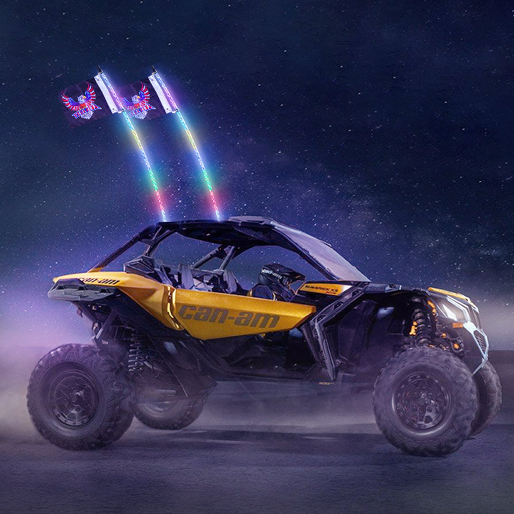 VEVOR 2 PCS 5 FT Whip Light, APP & RF Remote Control Led Whip Light, Waterproof Spiral RGB Chasing Lighted Whips with 4 Flags, for UTVs, ATVs, Motorcycles, RZR, Can-am, Trucks, Off-road, Go-karts