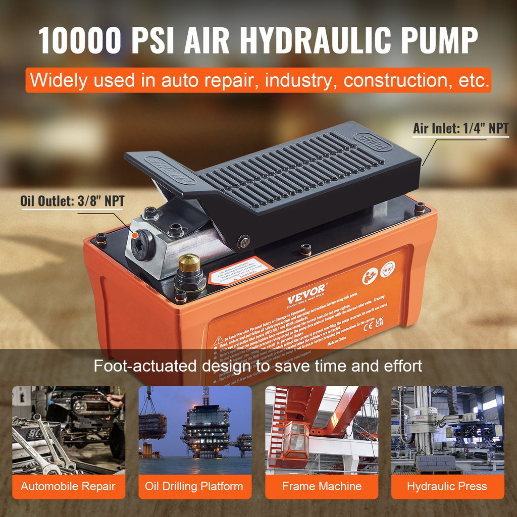VEVOR Air Hydraulic Pump, 10,000 PSI 1/2 Gal Reservoir, NPT 3/8" Oil Outlet, NPT 1/4" Inlet, 6.6 ft Pipe, Foot Actuated Hydraulic Pump Air Treadle for Auto Body Frame Machines and Pulling Post, Orange