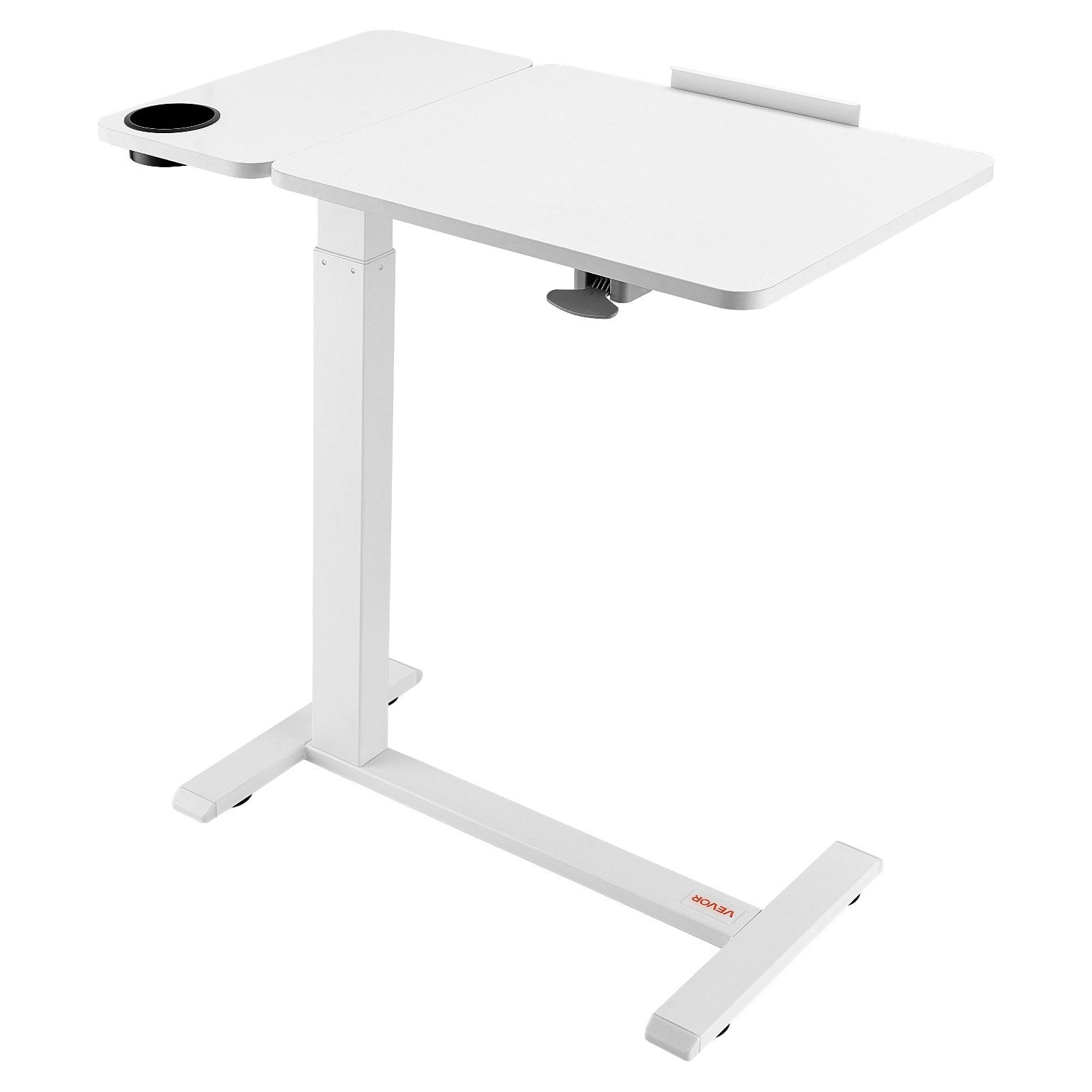 VEVOR Overbed Table, Mobile Bed Side Table with Flip Desktop and 4 Hidden Wheels, Height & Angle Adjustable Rolling Laptop Desk with Cup Holder, Portable Over Bed Desk for Home, Office, Study, White