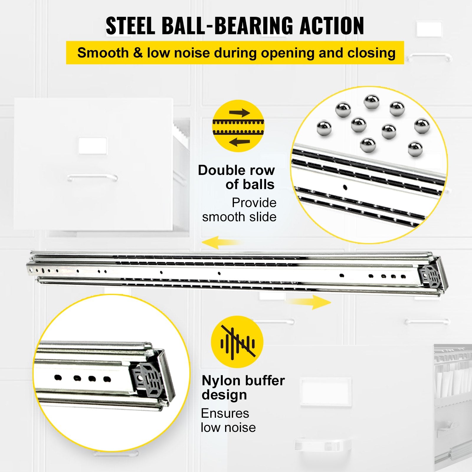 VEVOR Drawer Slides, 1 Pair 42 Inch Heavy Duty Drawer Slides, Ball Bearing Side Mount Drawer Hardware Slides, 500 LBS Load Capacity 3-Section Full Extension Drawer Slides for Smooth Slide, Less Noise