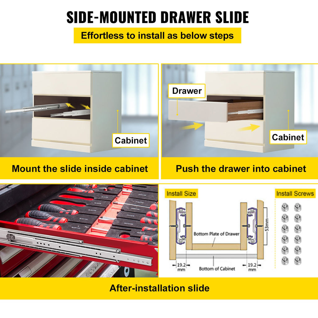 VEVOR Drawer Slides, 1 Pair 42 Inch Heavy Duty Drawer Slides, Ball Bearing Side Mount Drawer Hardware Slides, 500 LBS Load Capacity 3-Section Full Extension Drawer Slides for Smooth Slide, Less Noise