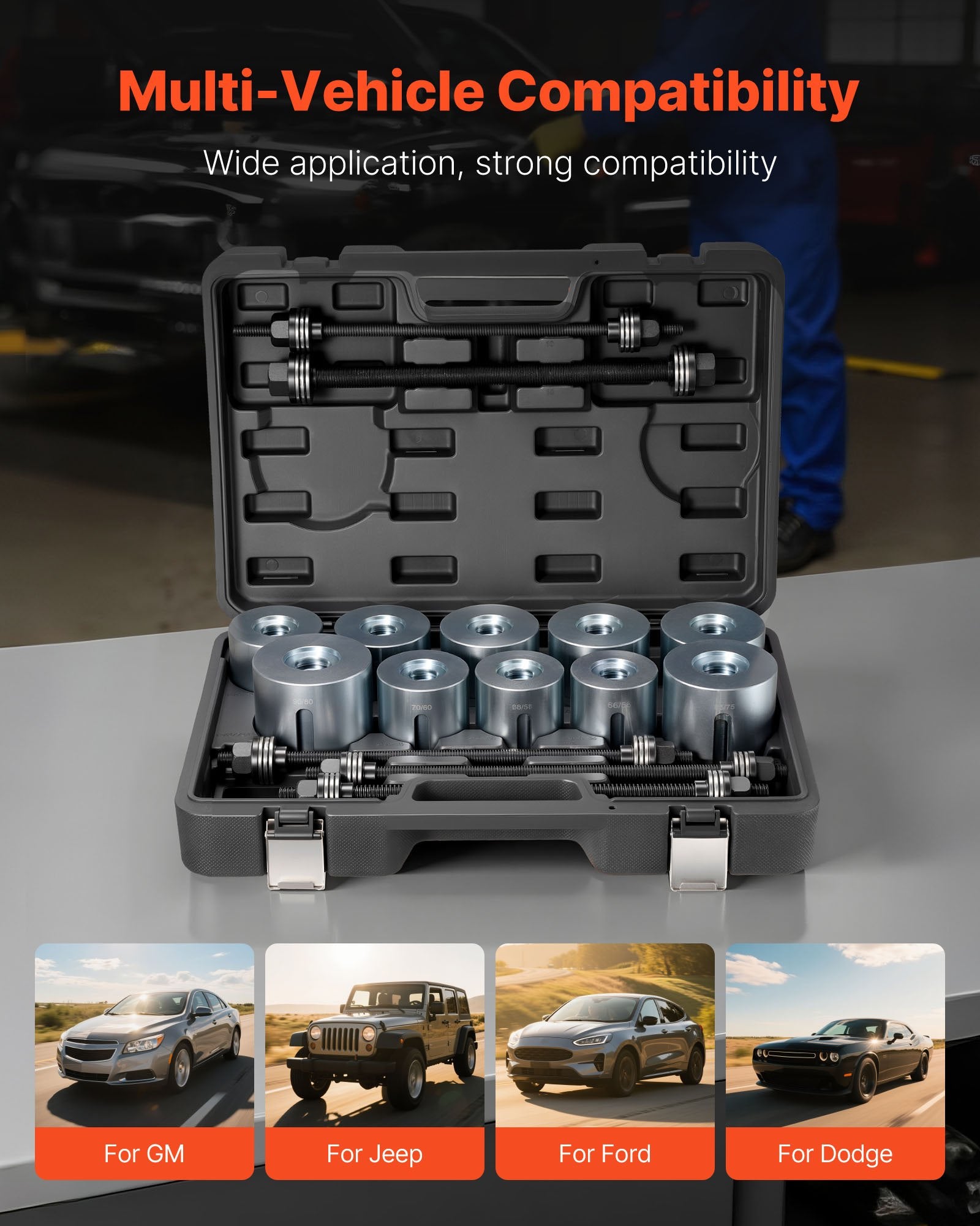 VEVOR Pull and Press Sleeve Kit, 27 PCS, Steel Bush Removal Insertion Sleeve Tools with Carrying Case, Compatible with LCV and HGV Engines, for Removing and Installing Bushings, Bearings, and Seals