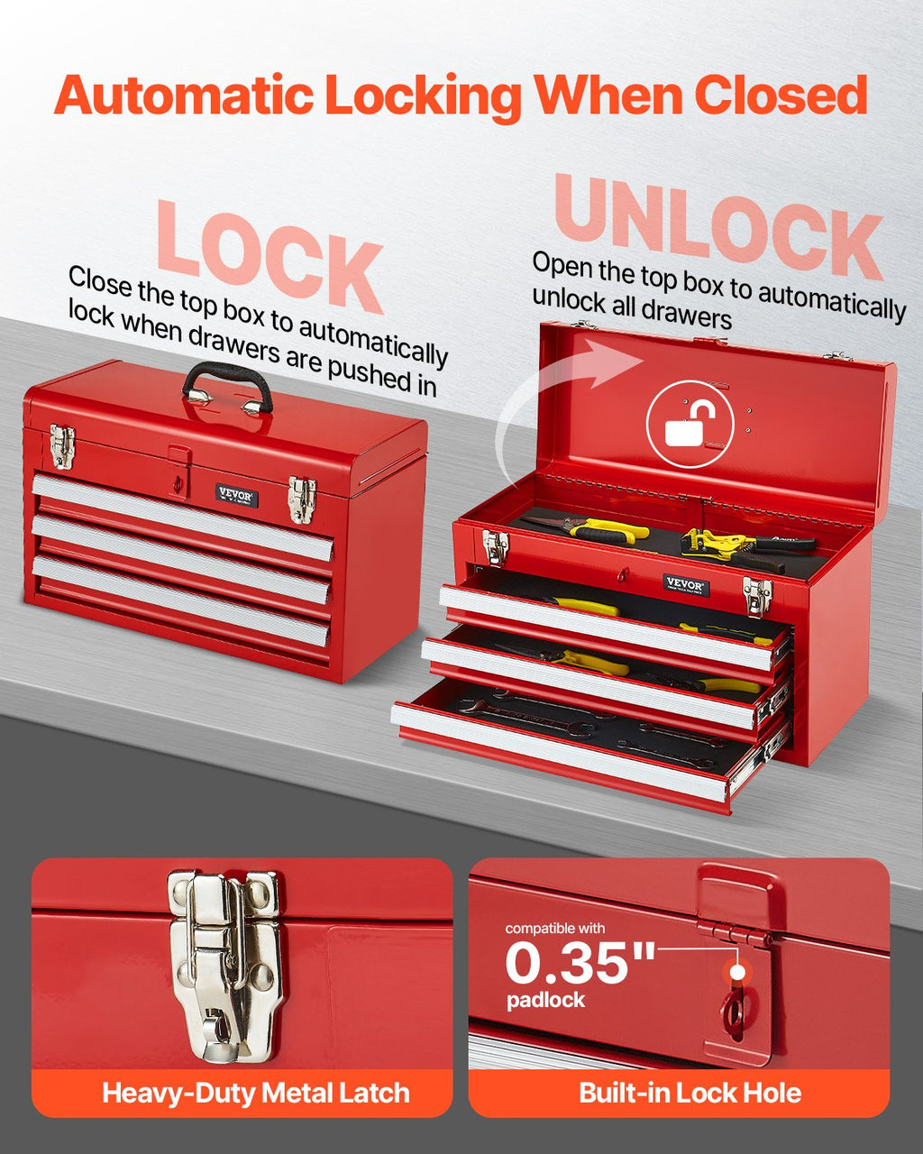 VEVOR Tool Box 520 mm Portable Metal Tool Box 3 Drawers Tool Organizer Red