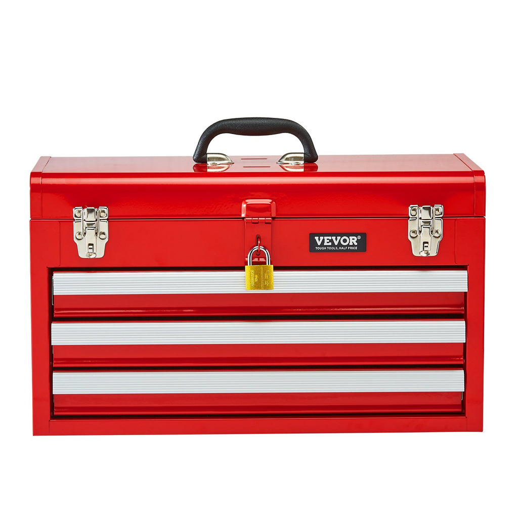 VEVOR Tool Box 520 mm Portable Metal Tool Box 3 Drawers Tool Organizer Red