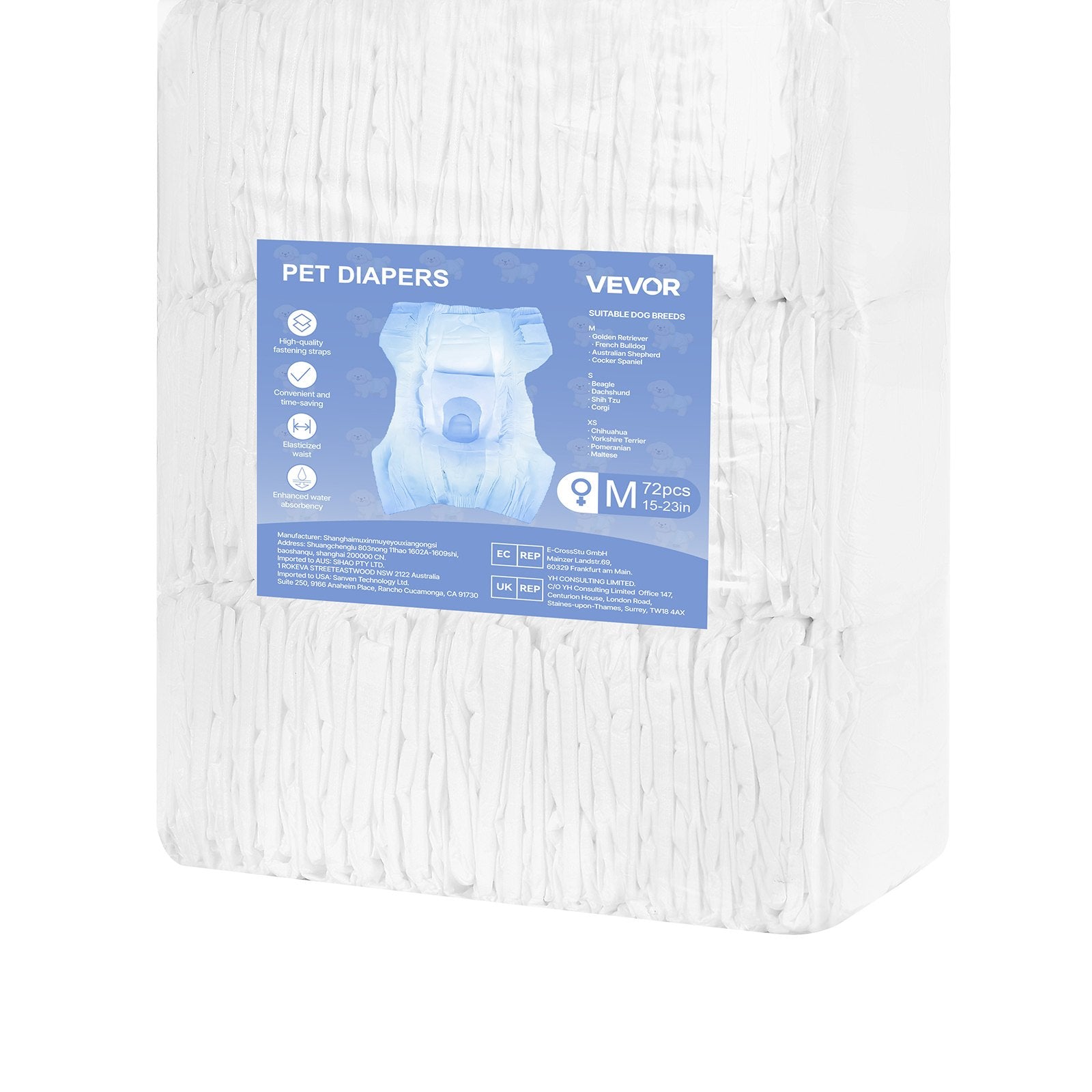 VEVOR Disposable Dog Diapers, Super Absorbent Female Dog Diapers, 360° Leak-Proof Female Doggy Pet Diaper with Wetness Indicator for Heat Period, Training, Incontinence - M, 144 Count (2 Packs of 72)