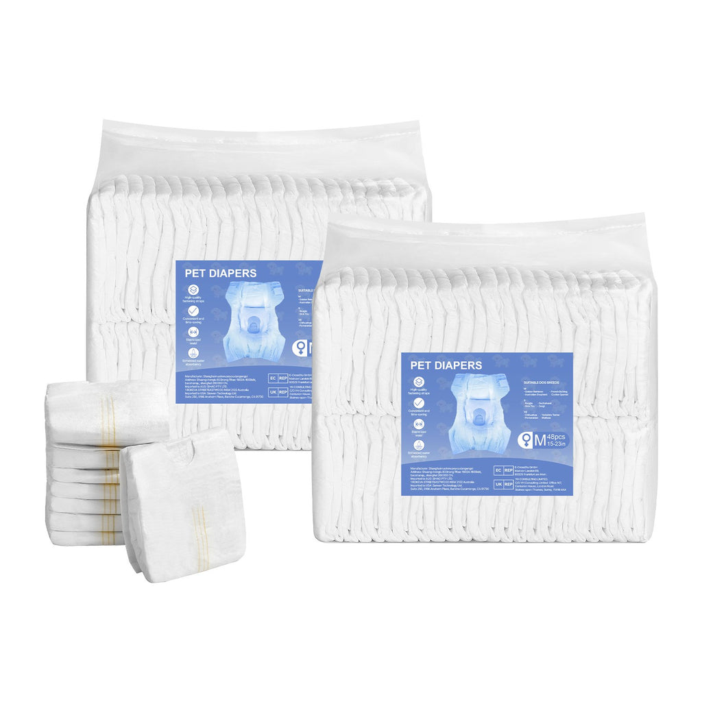 VEVOR Disposable Dog Diapers, Super Absorbent Female Dog Diapers, 360° Leak-Proof Female Doggy Pet Diaper with Wetness Indicator for Heat Period, Training, Incontinence - M, 96 Count (2 Packs of 48)