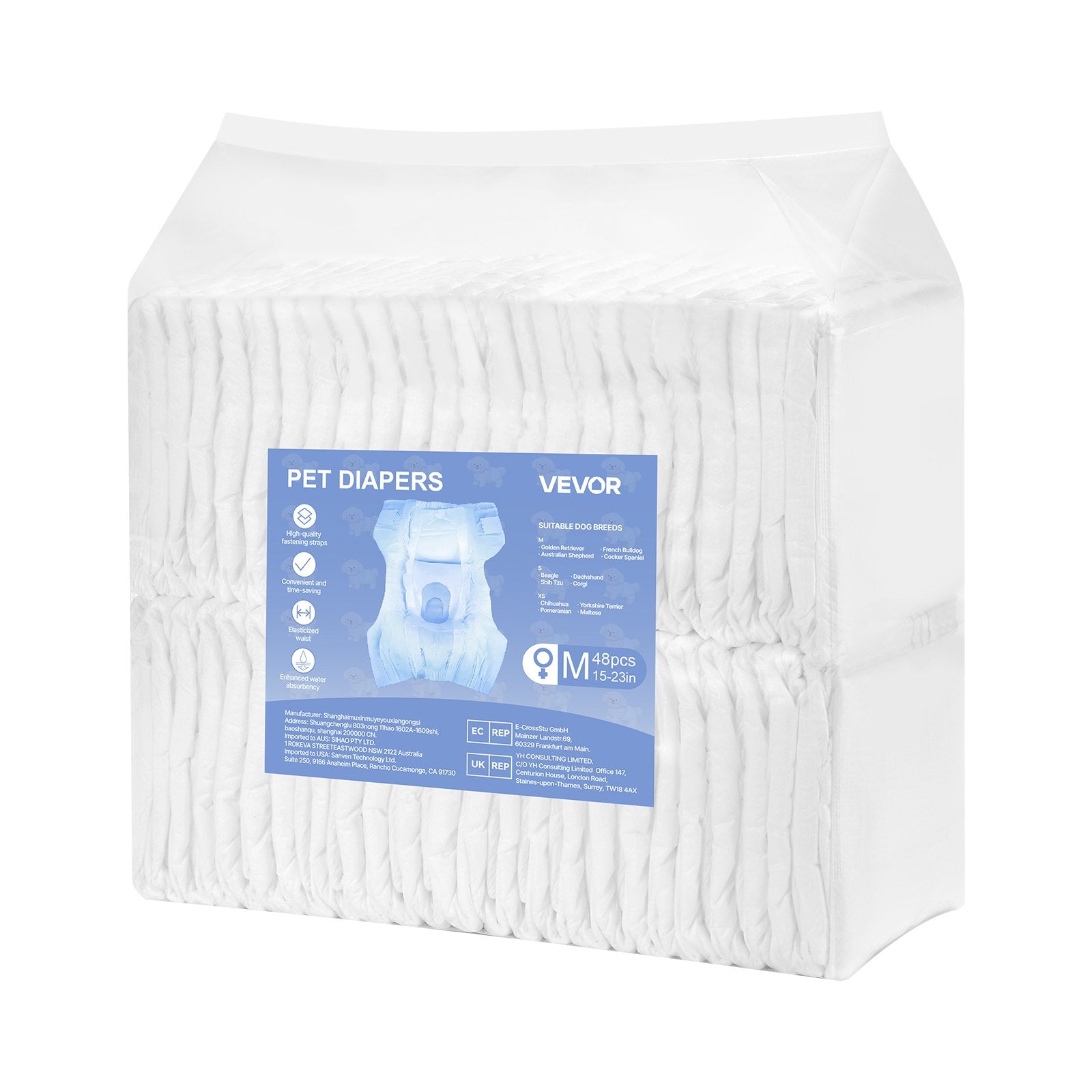 VEVOR Disposable Dog Diapers, Super Absorbent Female Dog Diapers, 360° Leak-Proof Female Doggy Pet Diaper with Wetness Indicator for Heat Period, Training, Incontinence - M, 96 Count (2 Packs of 48)
