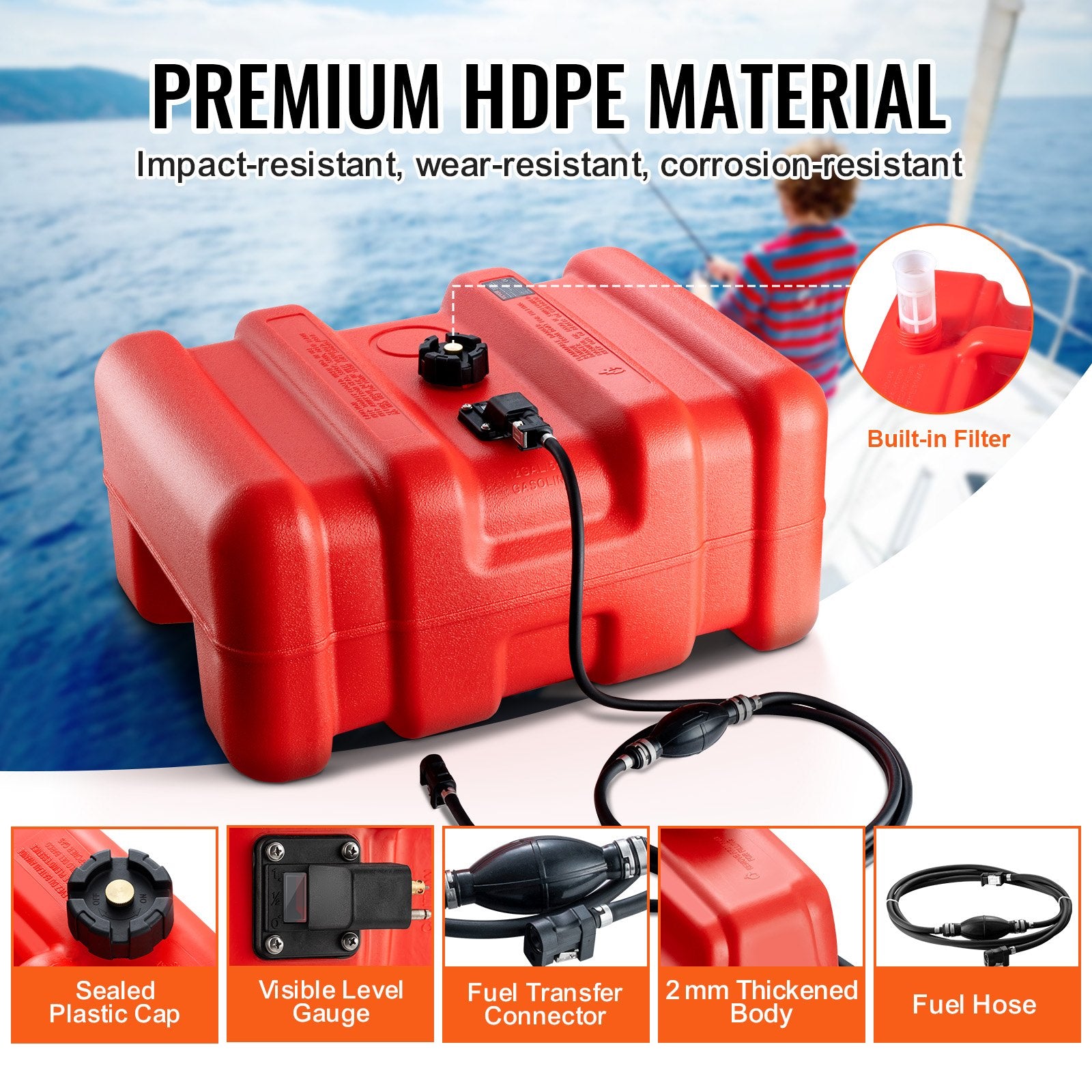 VEVOR Boat Fuel Tank Portable Marine Outboard Gas Tank 12 Gal/55L with Hose