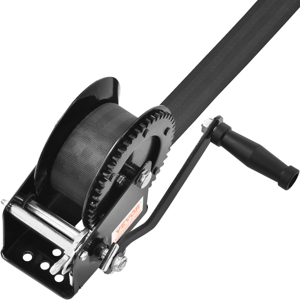 VEVOR Hand Winch, 725.7 kg Pulling Capacity, Boat Trailer Winch Heavy Duty Rope Crank with 10 m Polyester Strap and Two-Way Ratchet, Manual Operated Hand Crank Winch for Trailer, Boat or ATV Towing