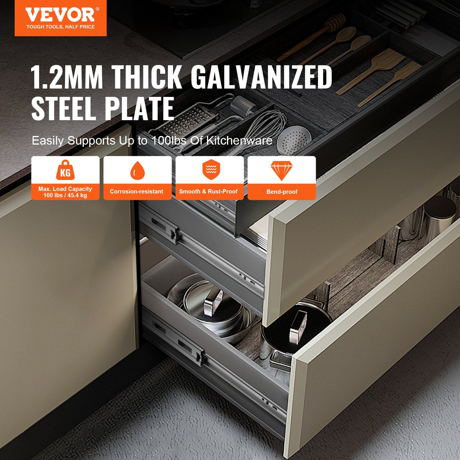 VEVOR 10 Pairs of 609.6mm Drawer Slides Side Mount Rails, Heavy Duty Full Extension Steel Track, Soft-Close Noiseless Guide Glides Cabinet Kitchen Runners with Ball Bearing, 100 Lbs Load Capacity