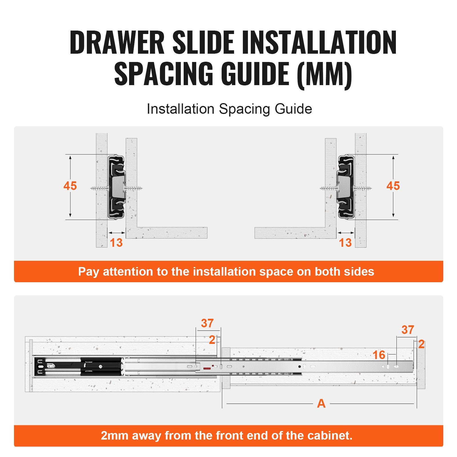 VEVOR 10 Pairs of 406.4mm Drawer Slides Side Mount Rails, Heavy Duty Full Extension Steel Track, Soft-Close Noiseless Guide Glides Cabinet Kitchen Runners with Ball Bearing, 100 Lbs Load Capacity