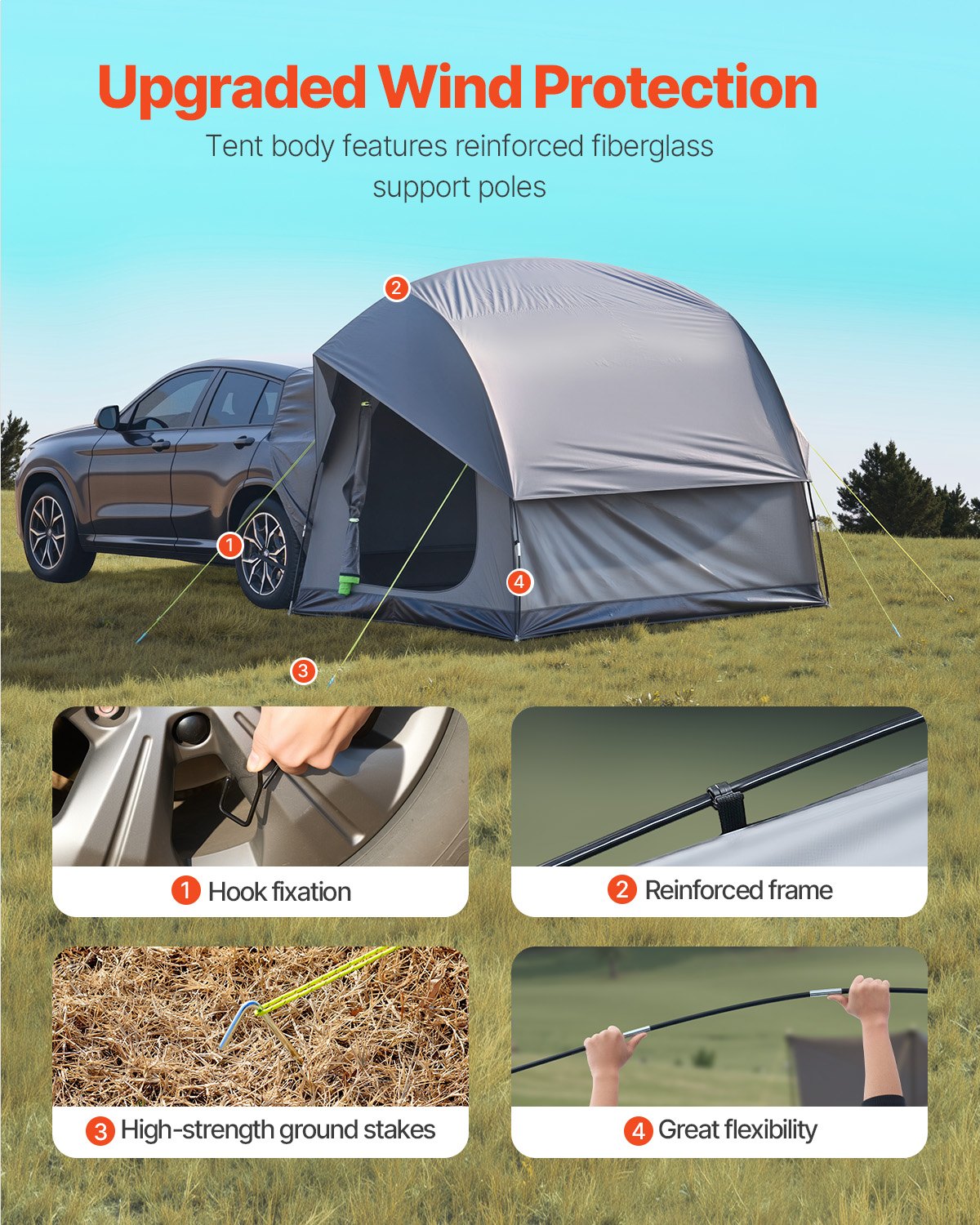 VEVOR SUV Tent for Camping, 8FT L x 8FT W, Waterproof PU2000mm Spacious Double Layer Design for 5-8 Person, SUV Camping Tent with Mesh Windows, Includes Rainfly & Storage Bag, for Outdoor Activities