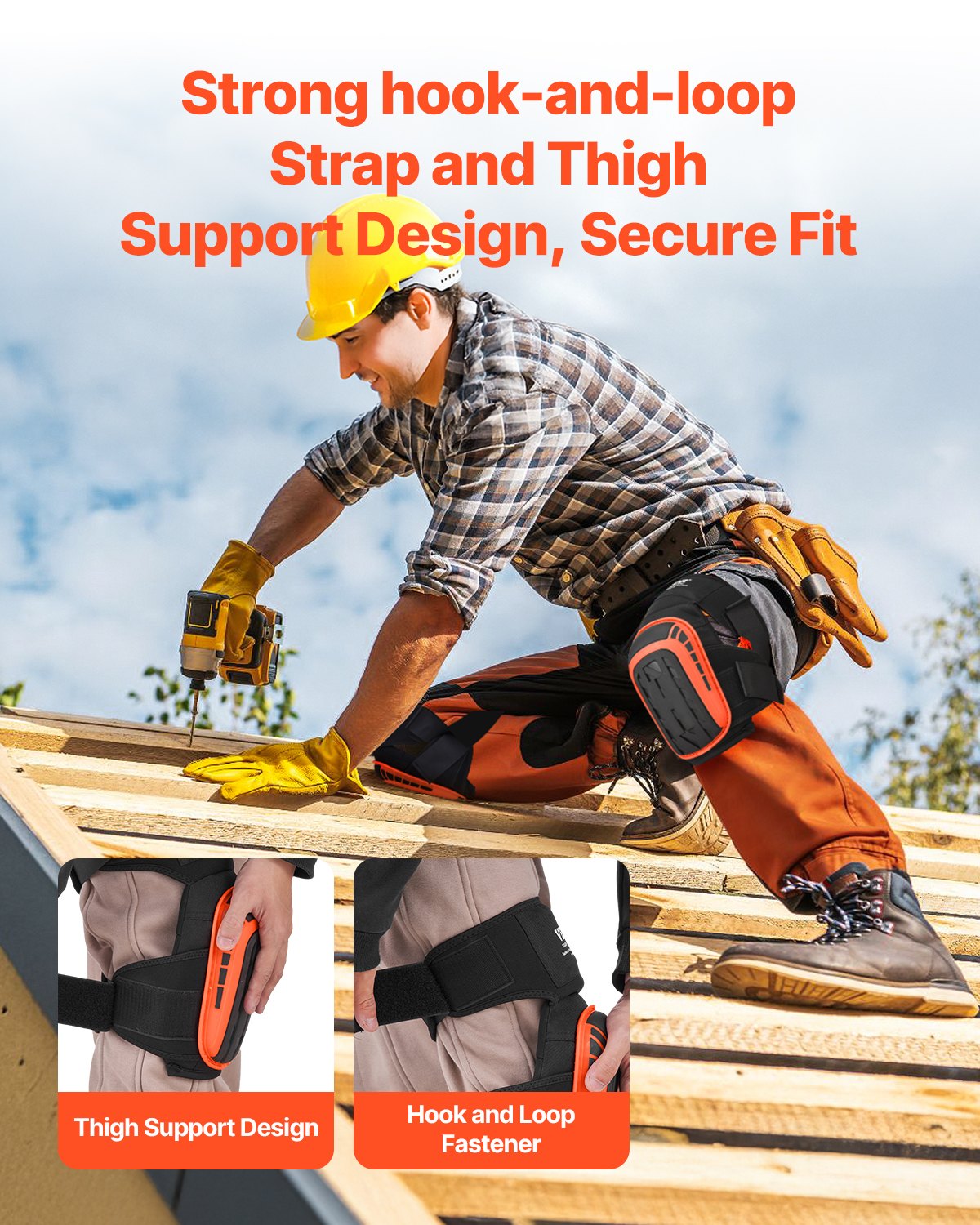 VEVOR Knee Pads for Work, Extended Heavy Duty Construction Knee Pads with 2 Extension Straps, Anti-slip Foam Gel Knee Pads, Men & Women, for Gardening Flooring Roofing and Cleaning, Black and Orange