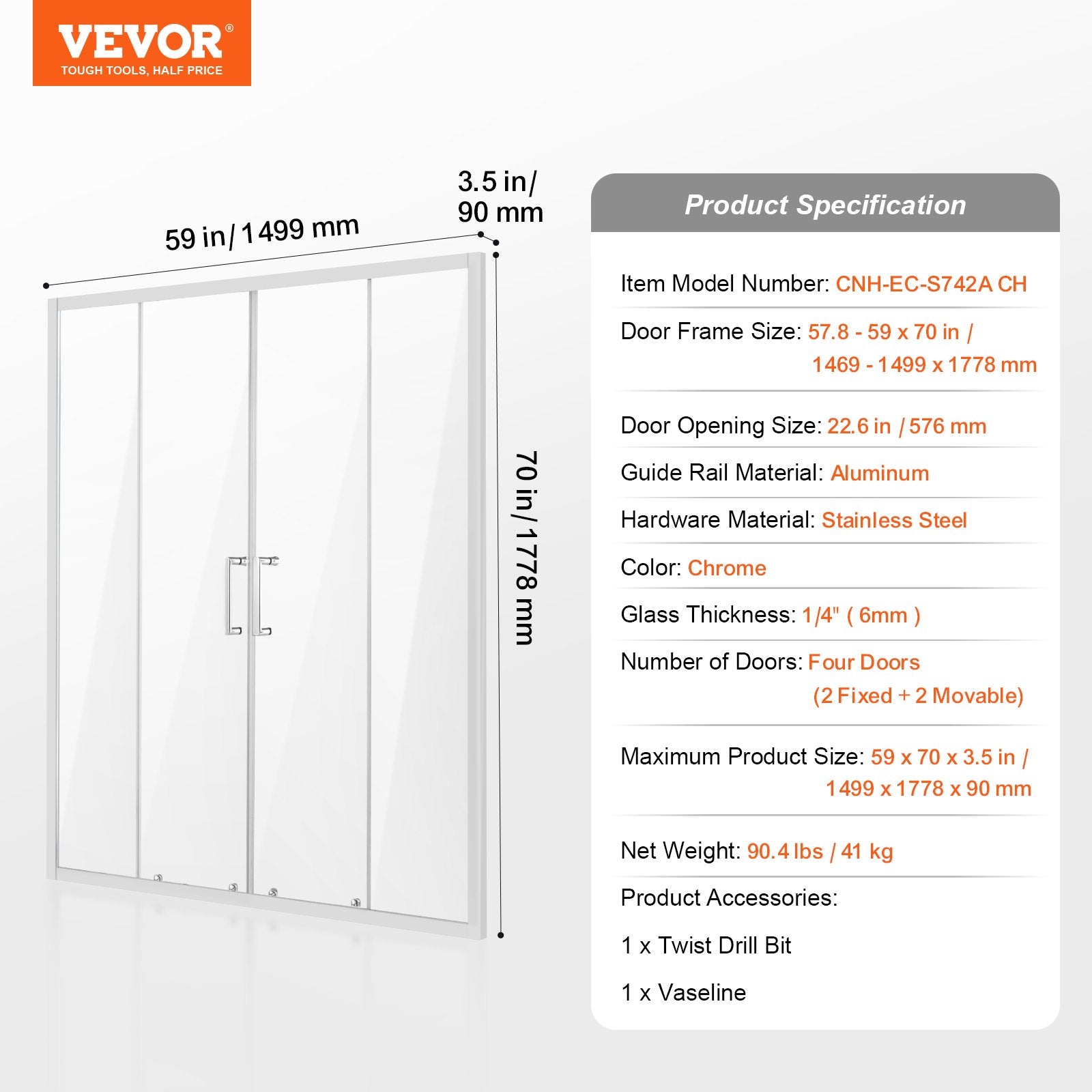 VEVOR Semi-frameless Double Sliding Shower Door SGCC Tempered Glass 1/4" Chrome