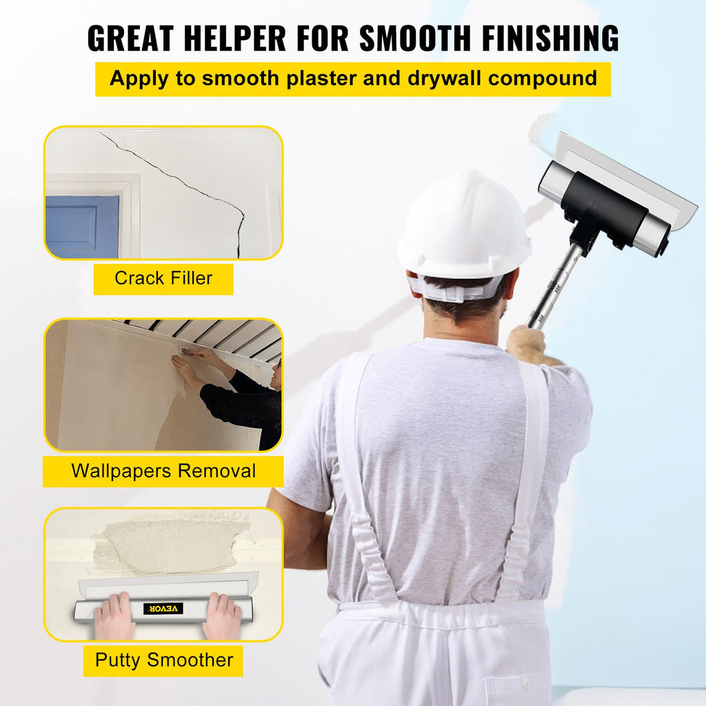 VEVOR Skimming Blade Set,10"+16"+24" Blades + 35"-78" Extension Handle，European Stainless Steel Construction Knife, Aluminum Blade Profile Smoothing Knockdown Spatula for Gyprock/Drywall/Wall-Boa