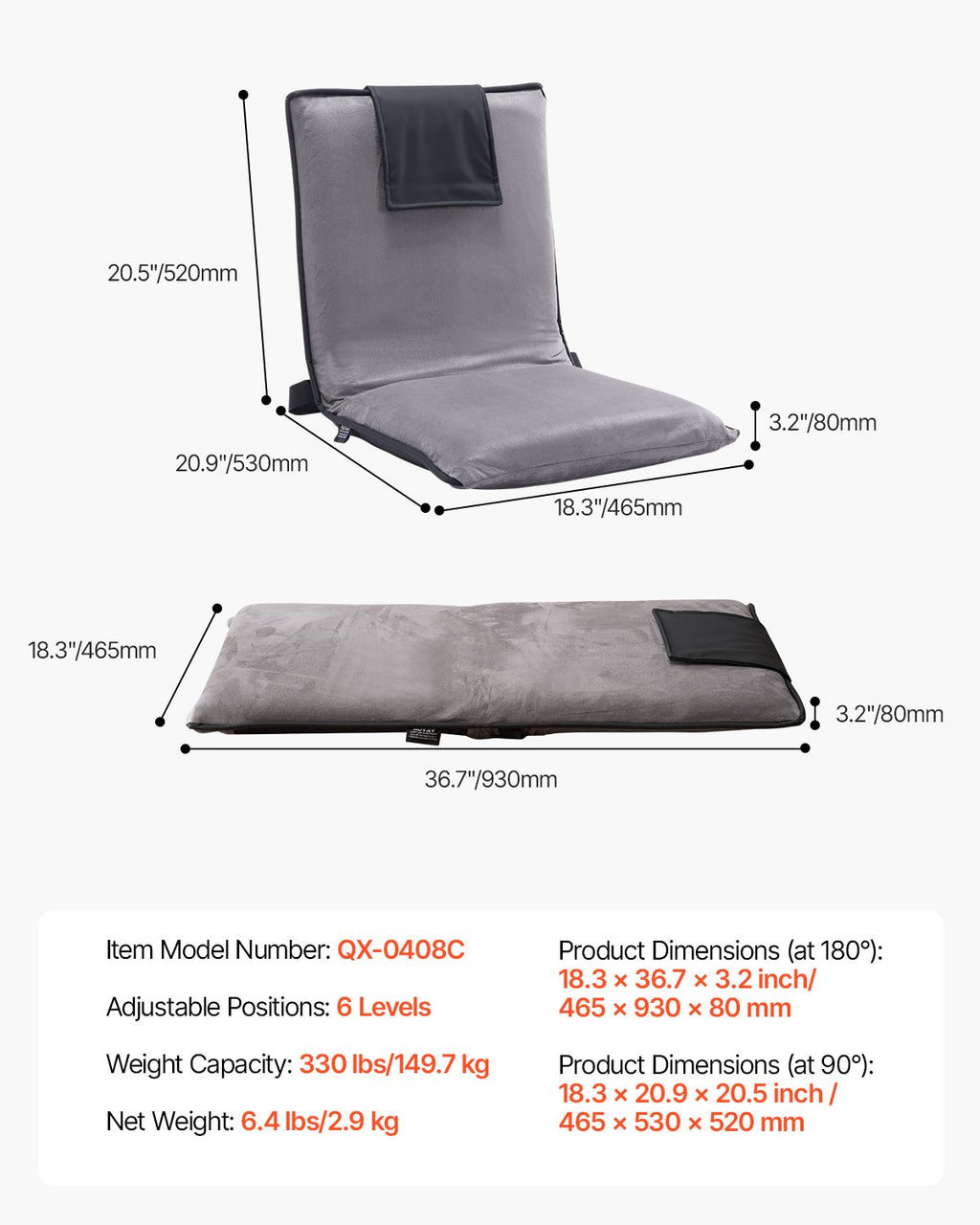 VEVOR Floor Chair, 6-Position Adjustable Meditation Chair with Back Support, Folding Sofa Chair for Reading TV Watching and Gaming, Portable Floor Seat Lounge Sofa Chair for Kids Teens Adults, Gray
