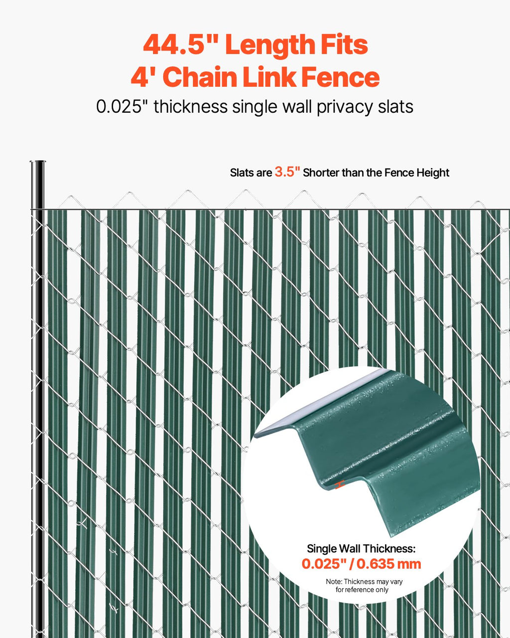 VEVOR Bottom Locking Privacy Slats, Single-Wall Vertical Bottom-Locking Slats for Chain-Link Fence, High-Density HDPE Chain Link Slats Ideally Fit 1.2 m High Fence for Garden Farm Sports Field(Green)