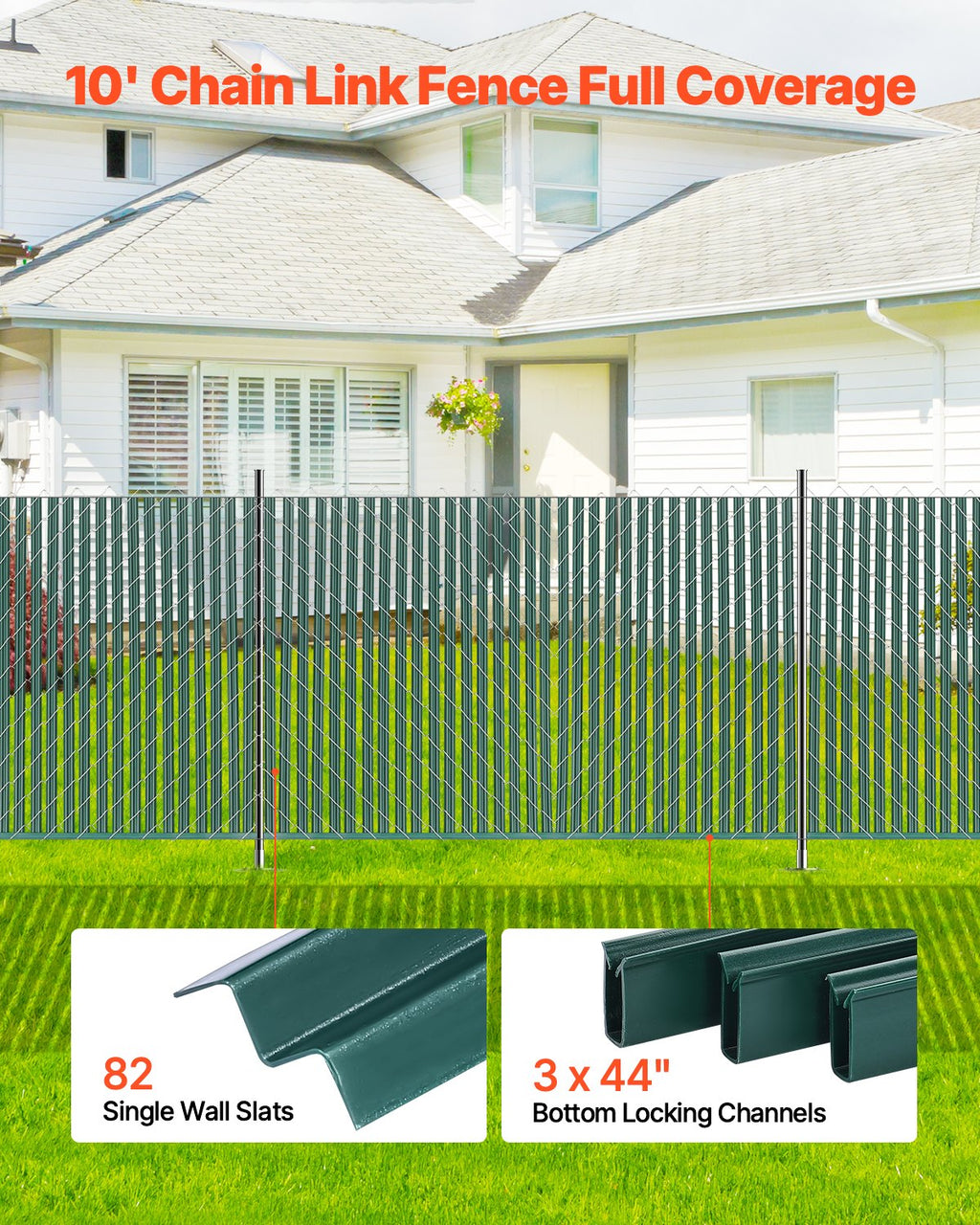 VEVOR Bottom Locking Privacy Slats, Single-Wall Vertical Bottom-Locking Slats for Chain-Link Fence, High-Density HDPE Chain Link Slats Ideally Fit 1.2 m High Fence for Garden Farm Sports Field(Green)