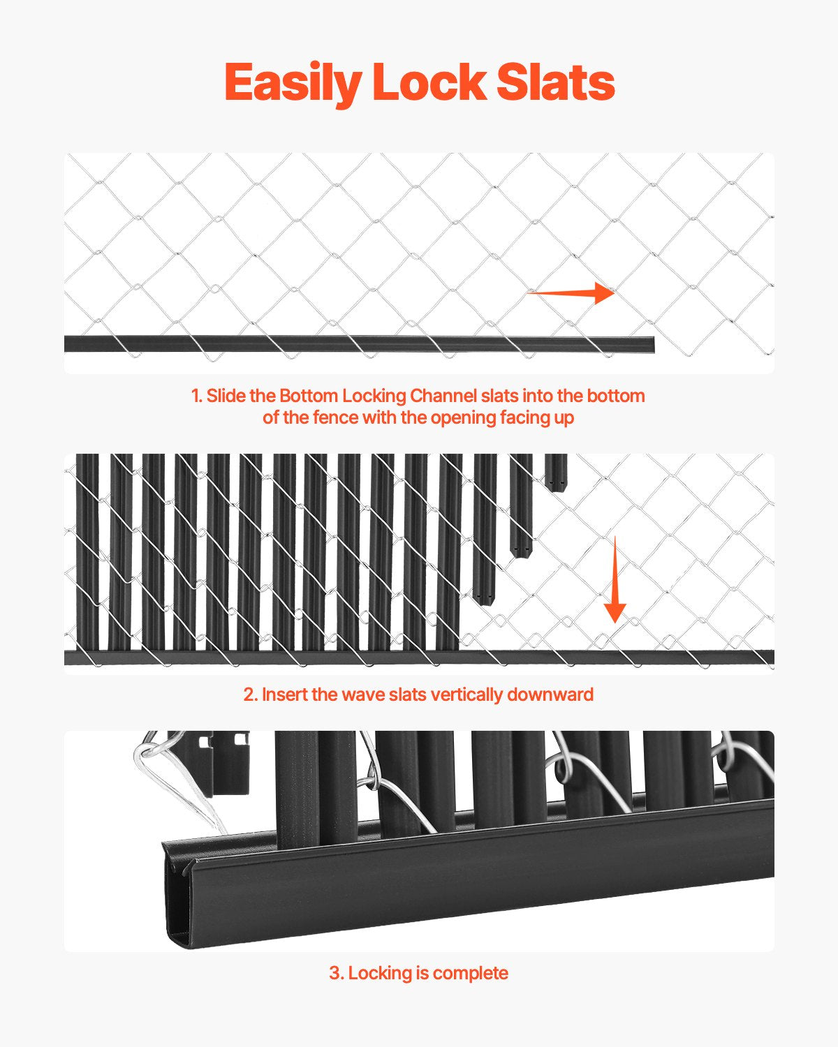 VEVOR Bottom Locking Privacy Slats, Single-Wall Vertical Bottom-Locking Slats for Chain-Link Fence, High-Density HDPE Chain Link Slats Ideally Fit 1.8 m High Fence for Garden Farm Sports Field(Black)