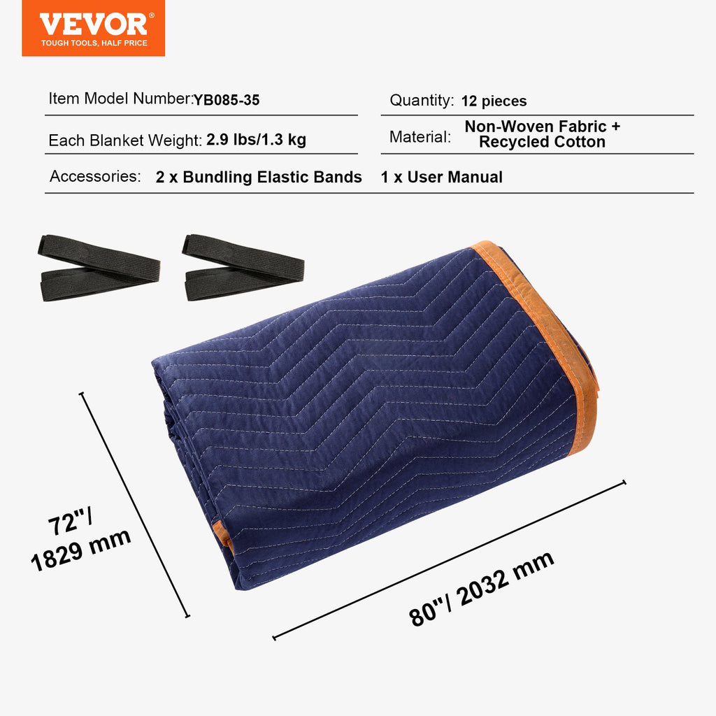 VEVOR Moving Blankets, 2032 x 1829 mm, 15.6 kg/dz, 12 Packs, Professional Non-Woven & Recycled Cotton Packing Blanket, Heavy Duty Mover Pads for Protecting Furniture, Floors, Appliances, Blue/Orange