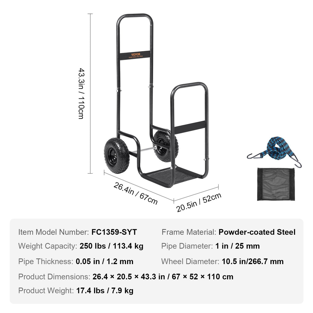 VEVOR Firewood Log Cart, 113 kg Load Capacity, Outdoor and Indoor Wood Rack Storage Mover with Pneumatic Rubber Wheels, Heavy Duty Steel Dolly Hauler, Firewood Carrier for Fireplace, Fire Pit, Black