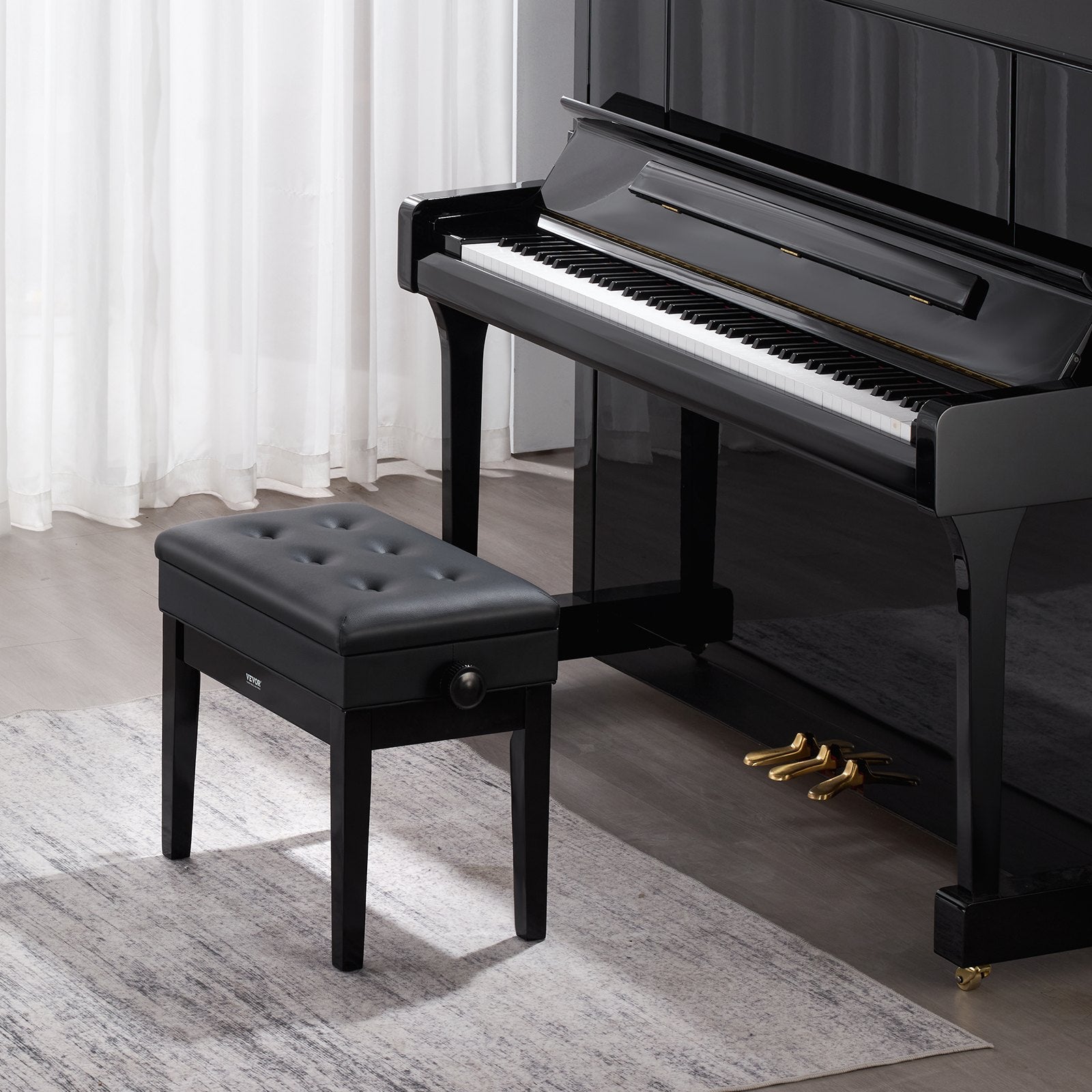 VEVOR Piano Bench, Keyboard Piano Chair with 19.3"-22.8" Adjustable Height, Padded Cushion, Storage Compartment for Music Books, Heavy Duty Wooden Piano Stool Seat, for Vanity, Living Room, Bedroom