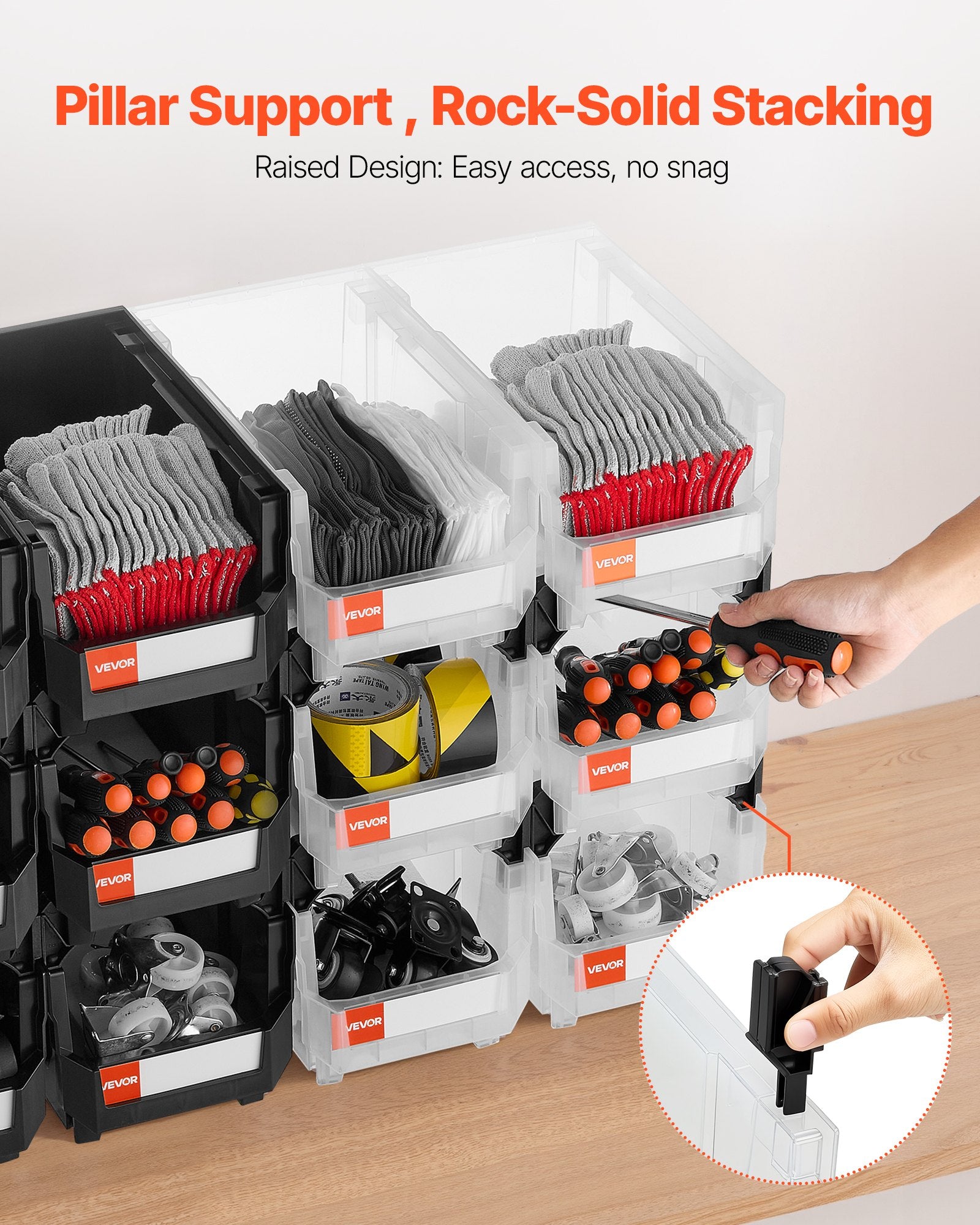 VEVOR Plastic Stackable Storage Bins, 37.7 x 21.5 x 18 cm (12 Pack), Plastic Containers for Organizing & Storage Bins for Garage, Small Parts, Office Supplies, Other Accessories, Black & Transparent