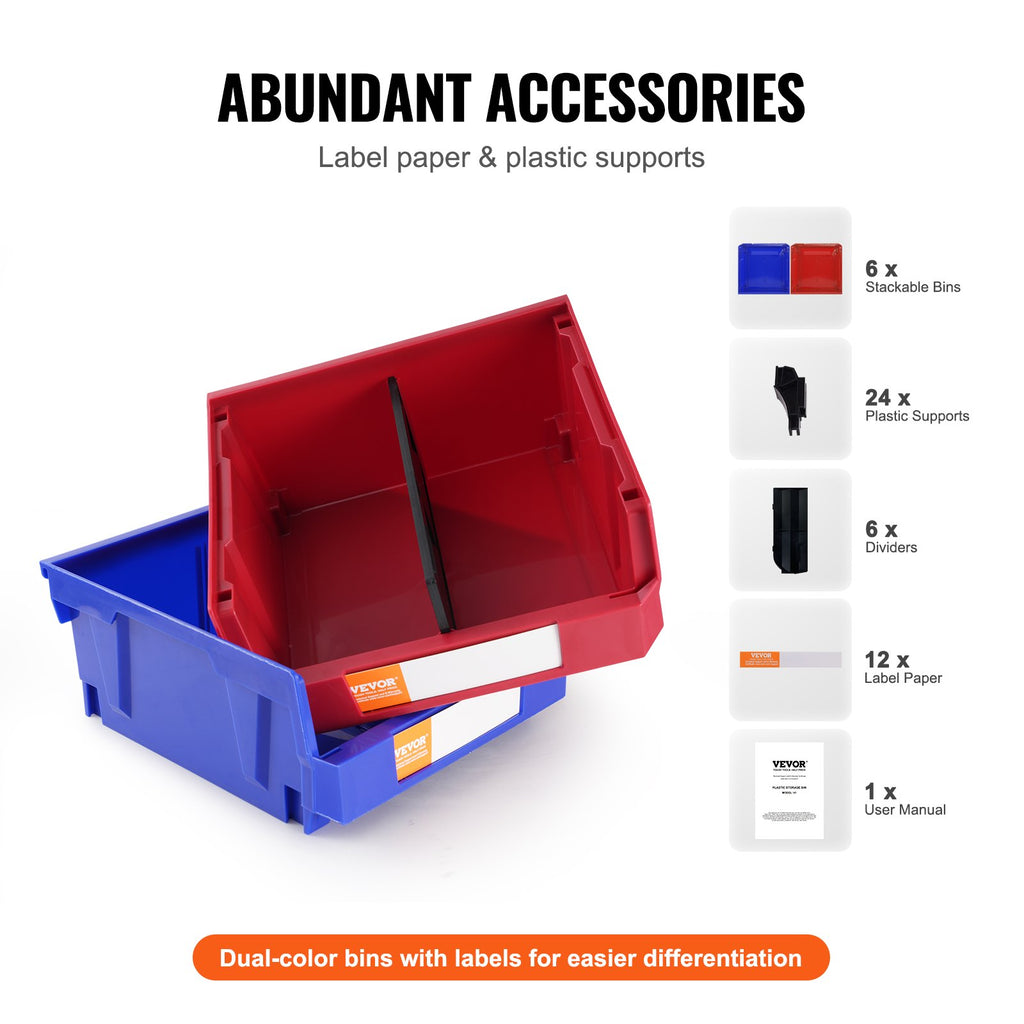 VEVOR Plastic Storage Bin, (276 mm x 279 mm x 128 mm), Hanging Stackable Storage Organizer Bin, Blue/Red, 6-Pack, Heavy Duty Stacking Containers for Closet, Kitchen, Office, or Pantry Organization