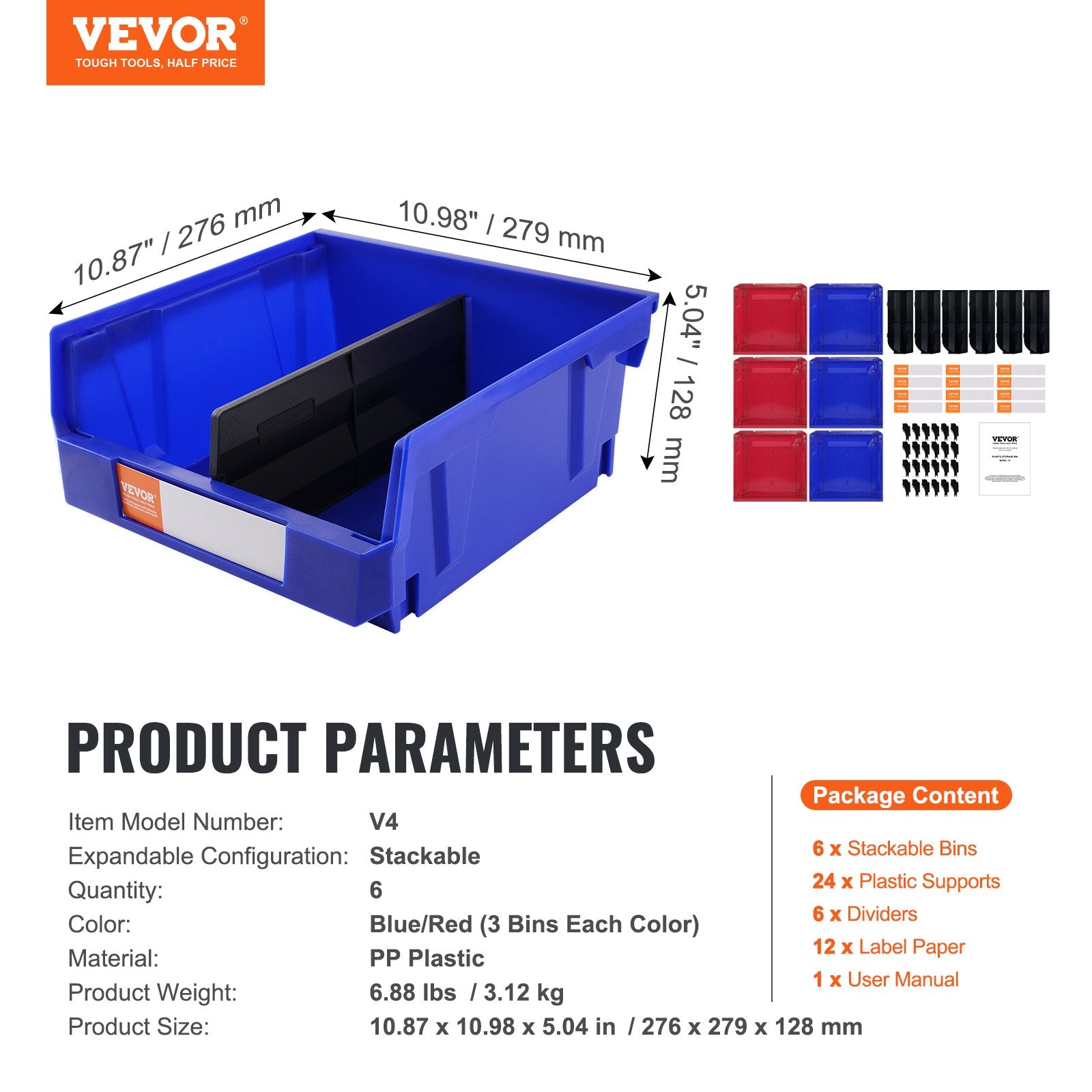 VEVOR Plastic Storage Bin, (276 mm x 279 mm x 128 mm), Hanging Stackable Storage Organizer Bin, Blue/Red, 6-Pack, Heavy Duty Stacking Containers for Closet, Kitchen, Office, or Pantry Organization