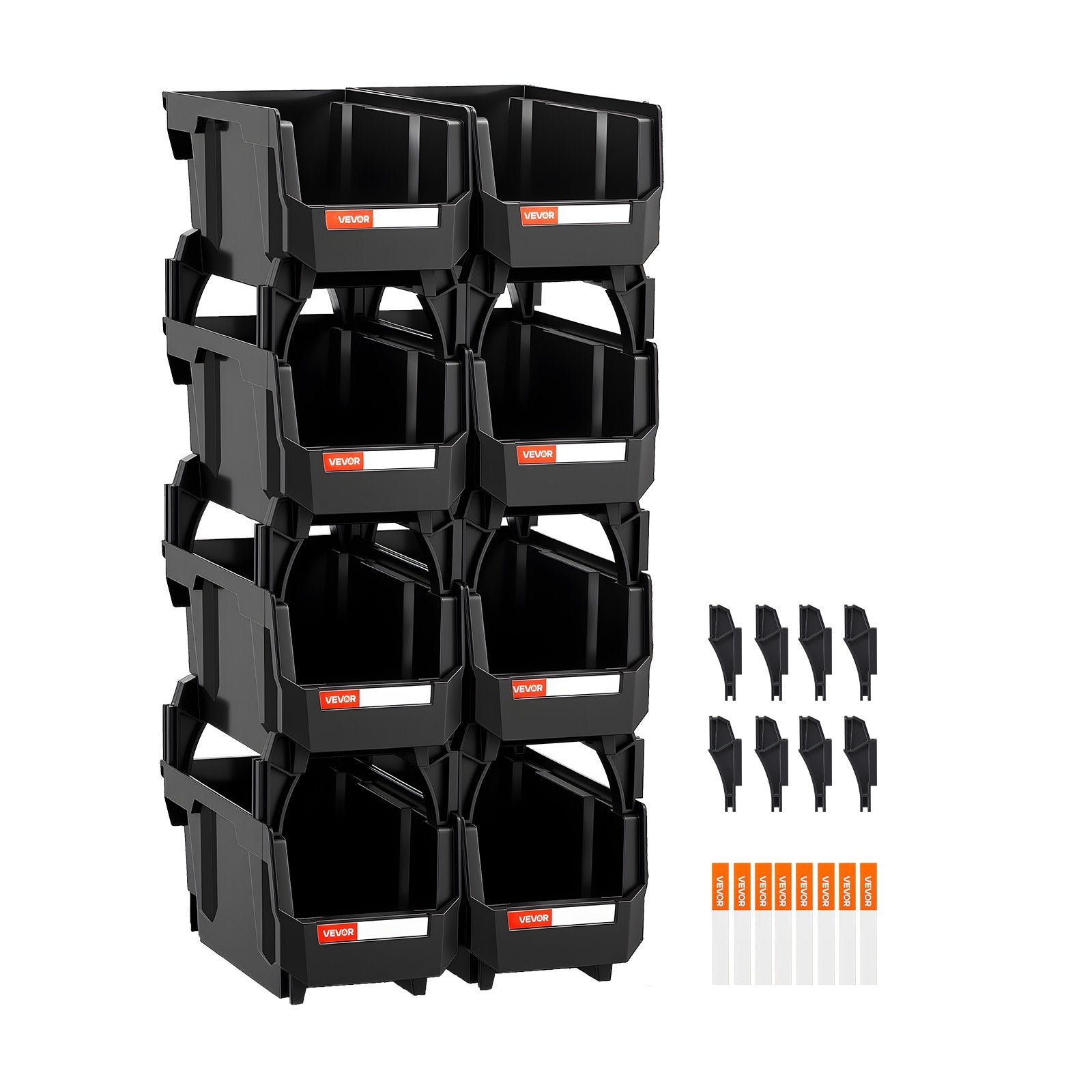 VEVOR Plastic Stackable Storage Bins, 27.6 x 14 x 13 cm (8 Pack), Plastic Containers for Organizing and Storage Bins for Closet, Garage, Small Parts, Office Supplies and Other Accessories, Black