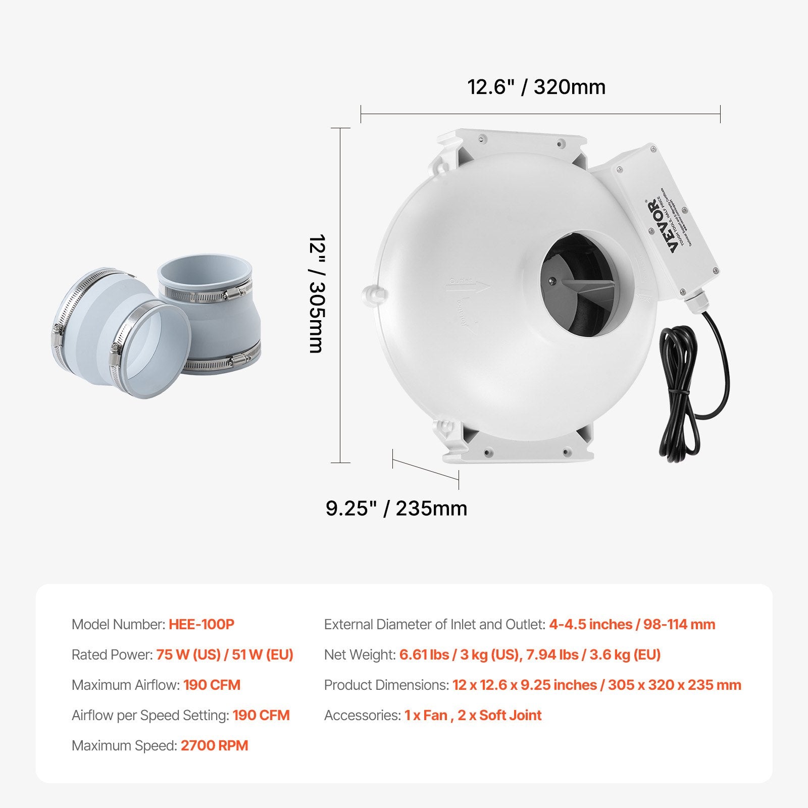VEVOR 4" to 4.5" Radon Mitigation Fan System Quiet 190CFM Inline Duct Waterproof