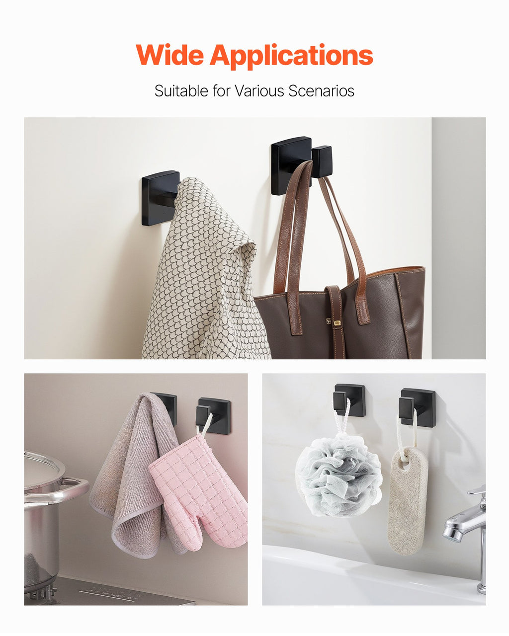 VEVOR Matte Black Bathroom Hardware Set, 5 Pieces Stainless Steel Bathroom Accessories Set, 24-inch Towel Bar, Towel Rack, 2 Robe Towel Hooks, Toilet Paper Holder, for Bath Room, Wall Mounted