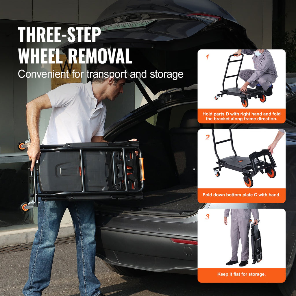 VEVOR Aluminum Hand Truck, 2 in 1, 136 kg Max Load Capacity, Heavy Duty Industrial Convertible Folding Hand Truck and Dolly, Utility Cart Converts from Hand Truck to Platform Cart with Rubber Wheels