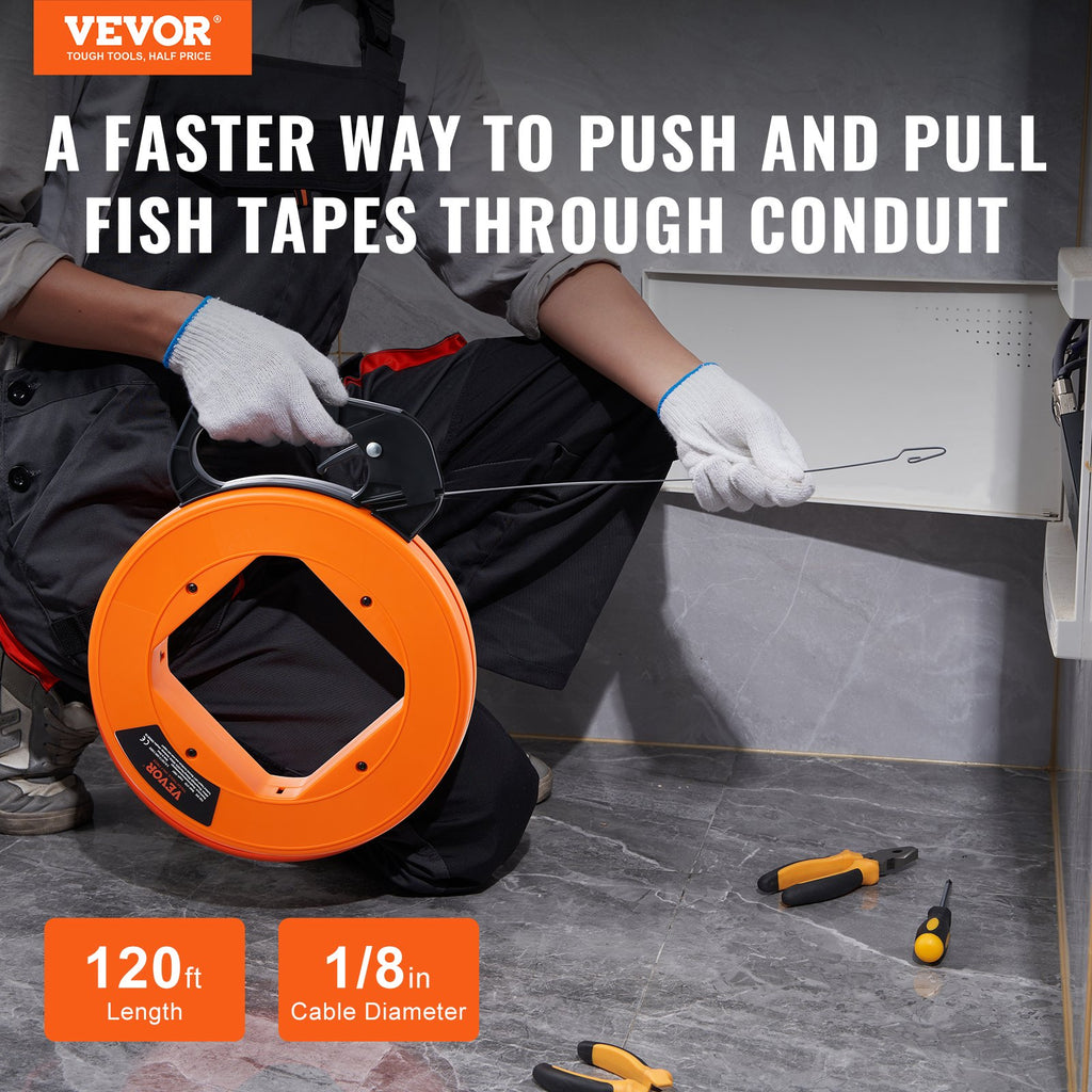 VEVOR Fish Tape, 36.58 m, 3 mm, Steel Wire Puller with Optimized Housing and Handle, Easy-to-Use Cable Puller Tool, Flexible Wire Fishing Tools for Walls and Electrical Conduit, Non-Conductive